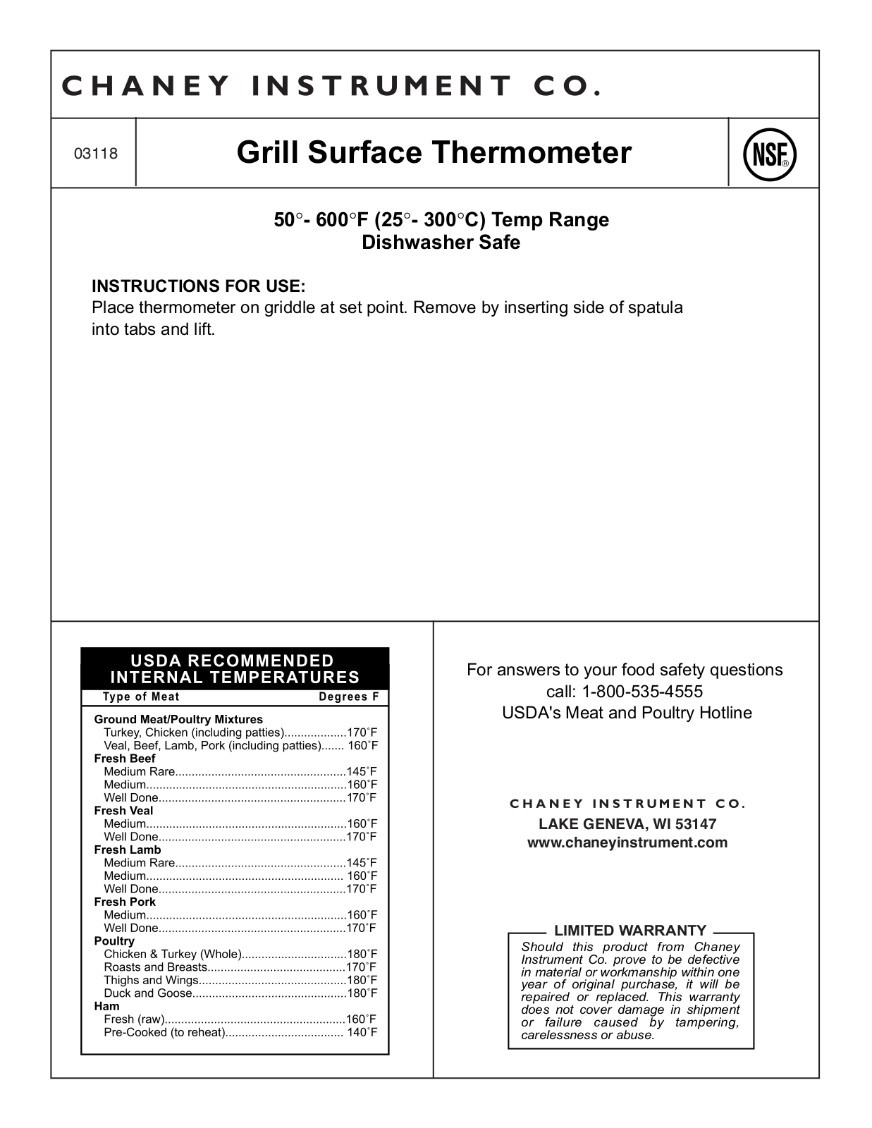 Chaney Instrument 03118 User Manual