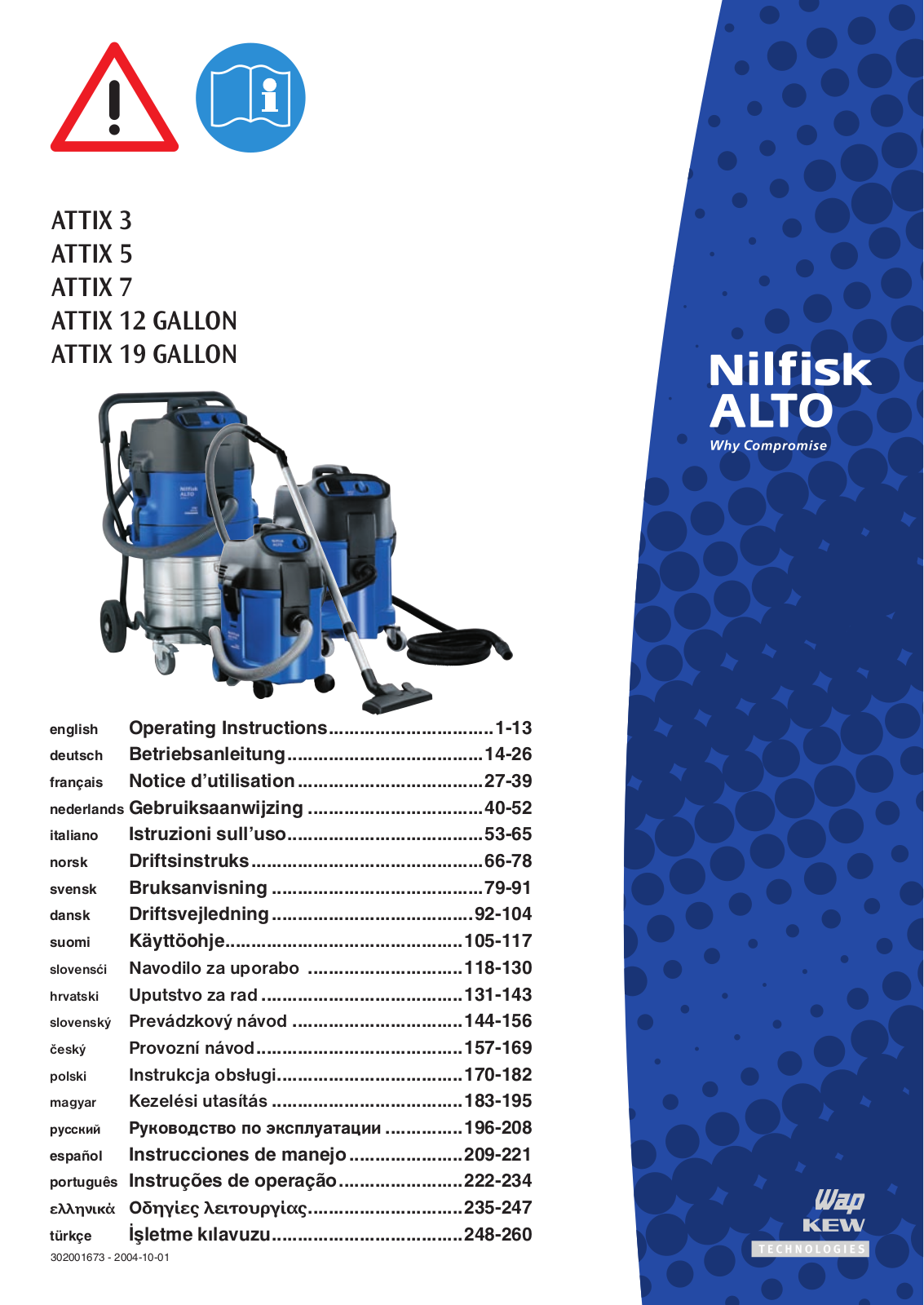 Nilfisk ATTIX 3, ATTIX 5, ATTIX 7, ATTIX 12 GALLON, ATTIX 19 GALLON OPERATING INSTRUCTIONS