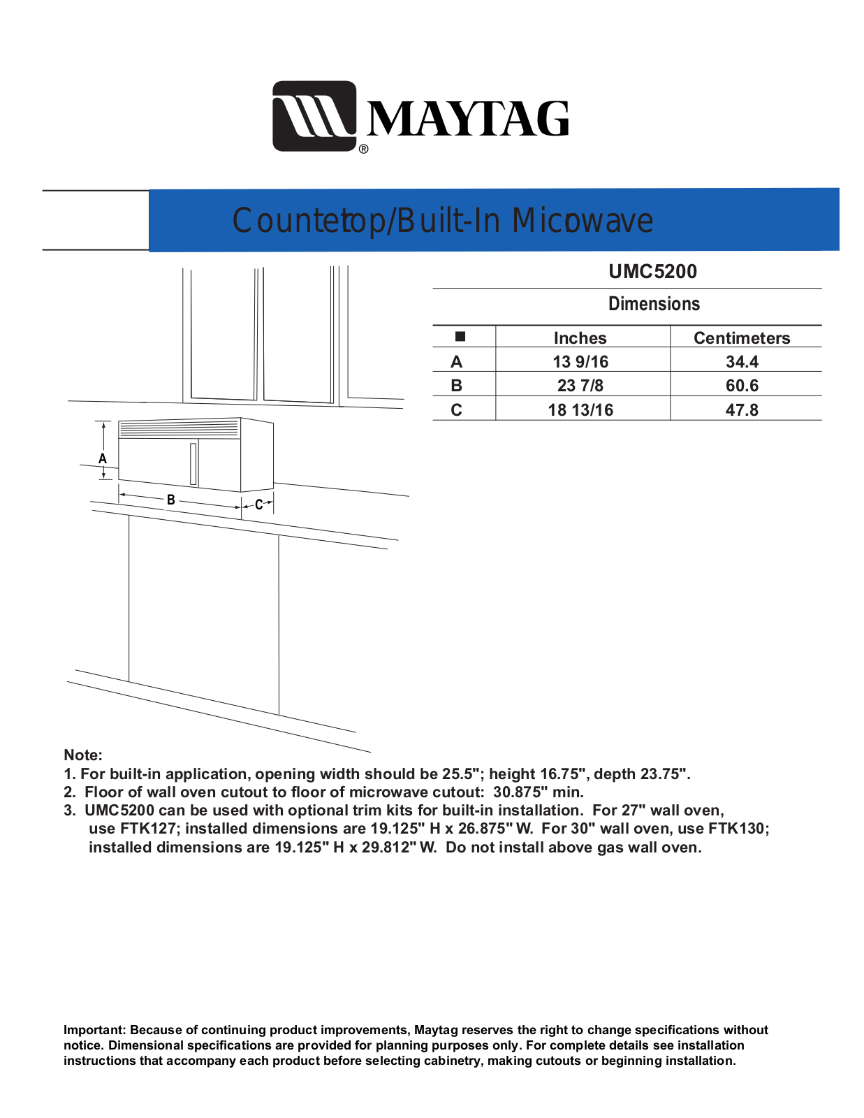 Maytag UMC5200AAW, UMC5200AAS, UMC5200AAB Dimension Guide