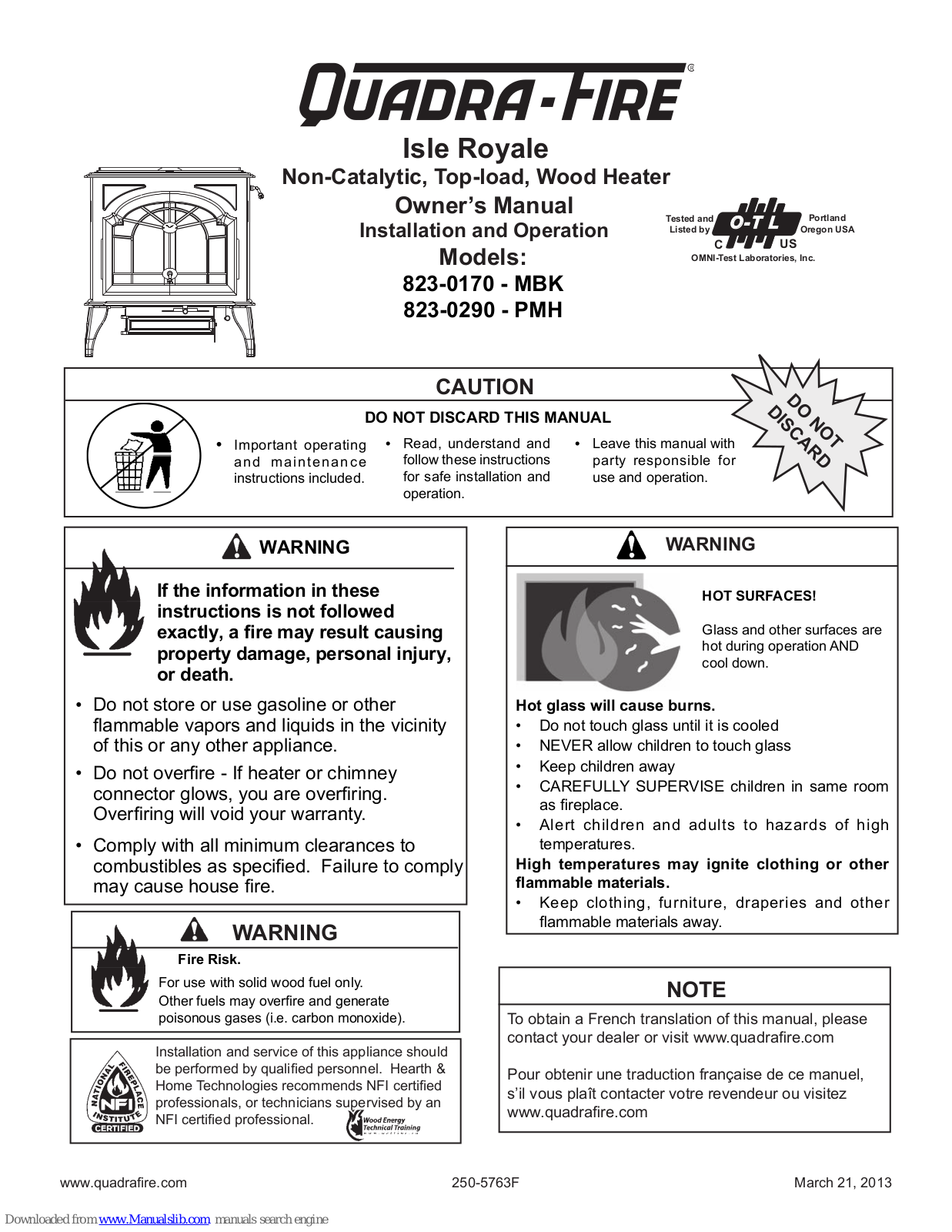 Quadra-Fire Isle Royale 823-0170-MBK, Isle Royale 823-0290-PMH Owner's Manual