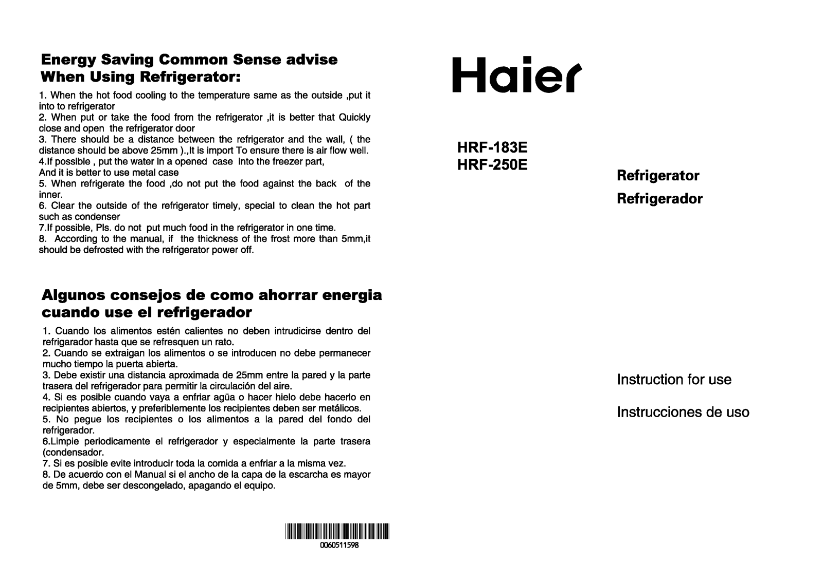 Haier HRF-183E User Manual