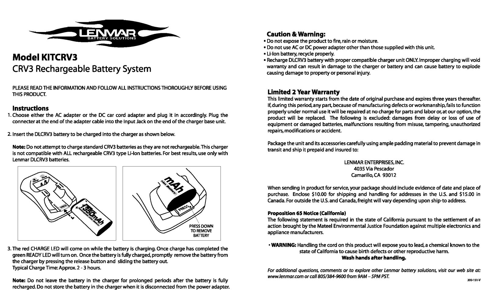 Lenmar Enterprises KITCRV3 User Manual