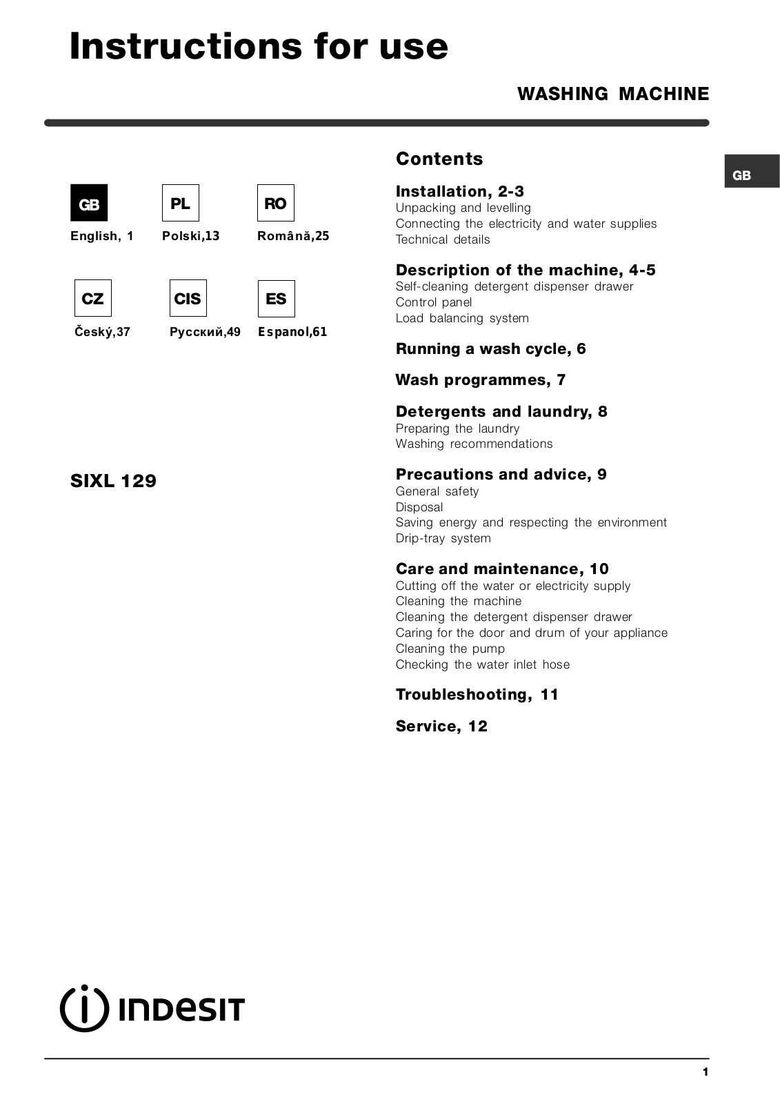 Indesit SIXL 129 User Manual