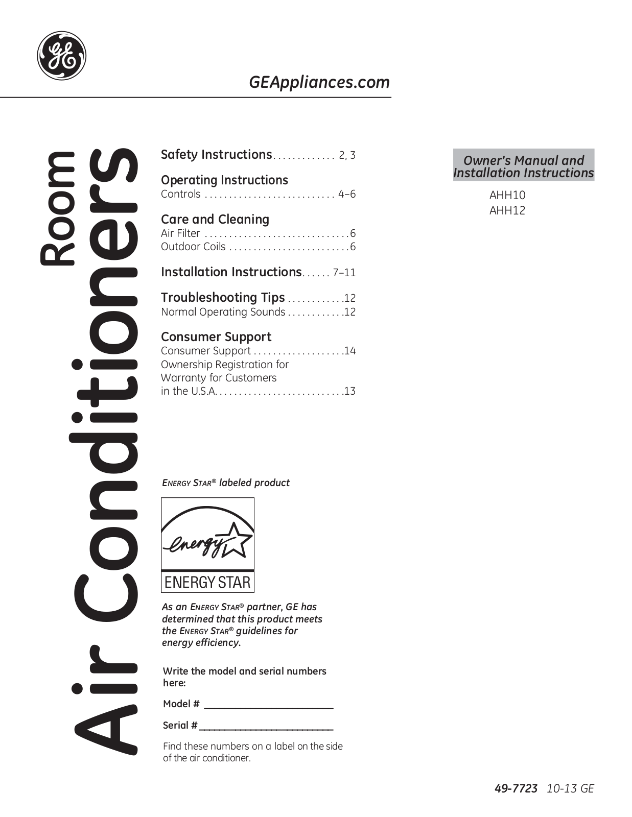 GE AHH10, AHH12 Owner’s Manual & Installation Instructions