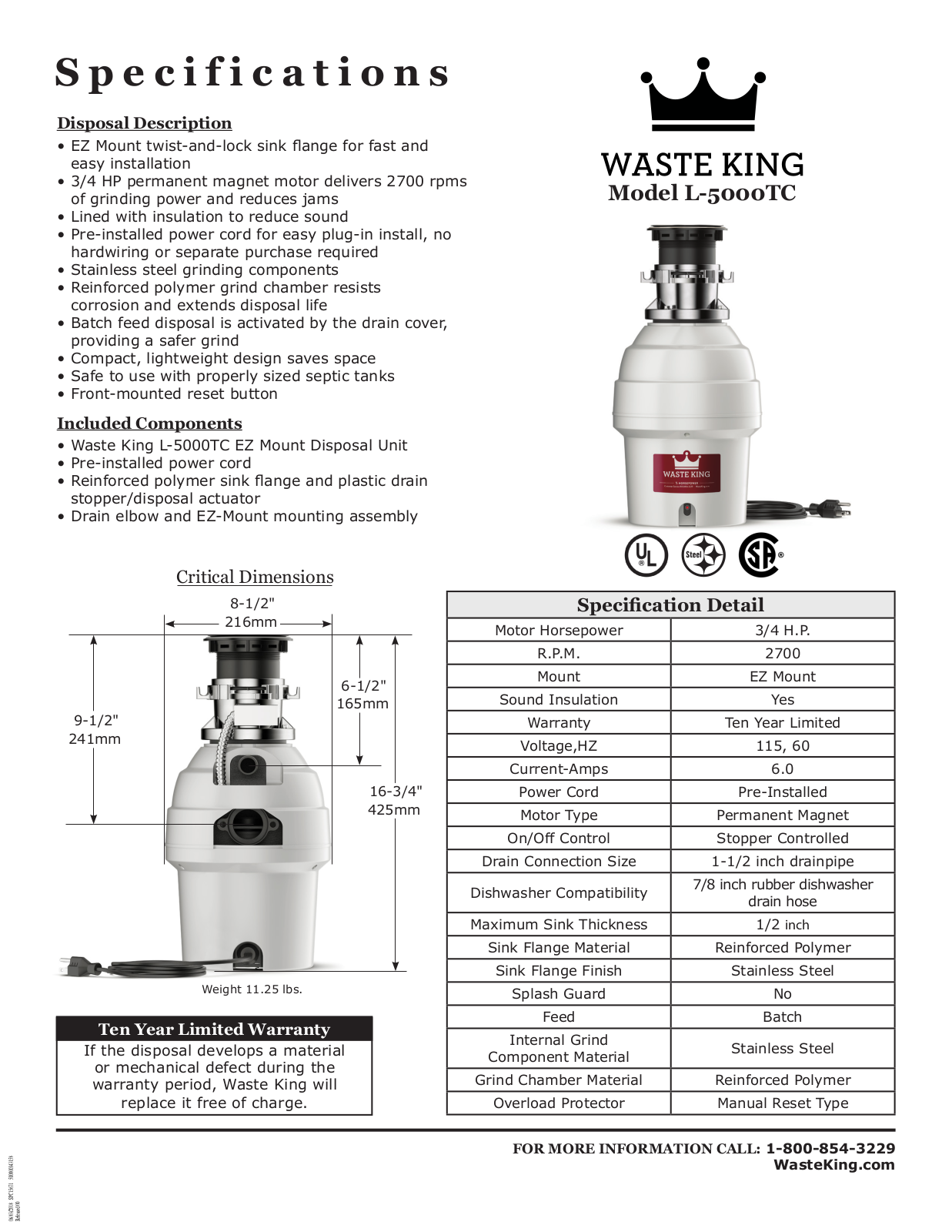 Waste King L5000TC Specifications