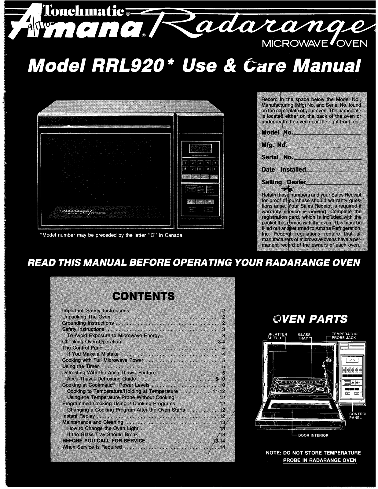 Amana RRL920 Use & Care Guide