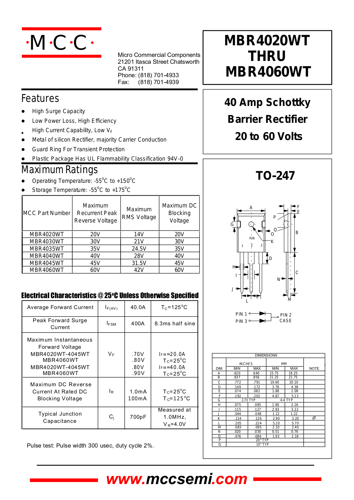 MCC MBR4040WT, MBR4030WT, MBR4020WT, MBR4060WT Datasheet