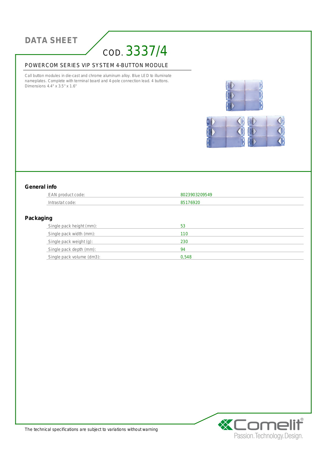 Comelit 3337-4 Specsheet