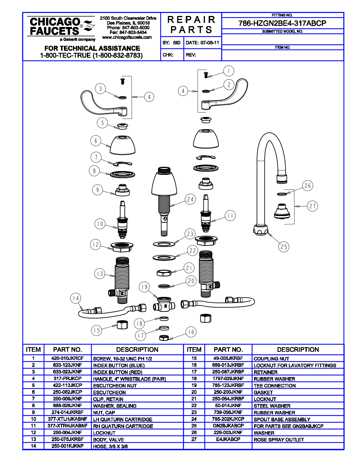 Chicago Faucet 786-HZGN2BE4-317AB Parts List