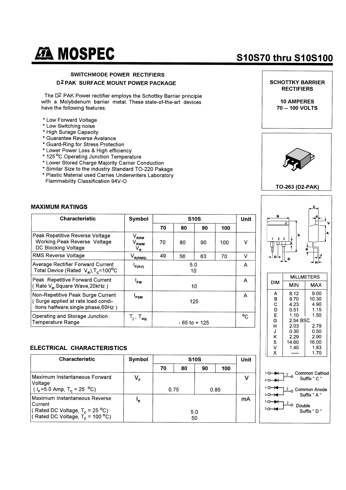 MOSPEC S10S70, S10S80, S10S90, S10S100 Datasheet