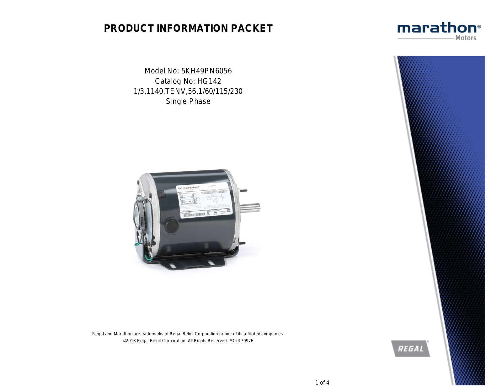 Marathon Electric 5KH49PN6056 Product Information Packet