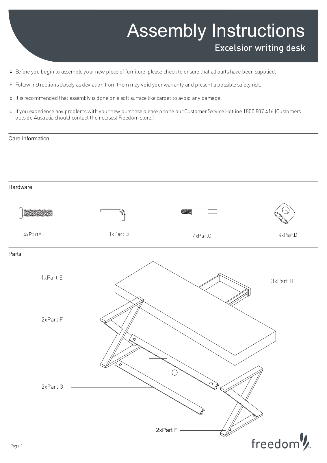 Freedom Excelsior Writing Desk Assembly Instruction