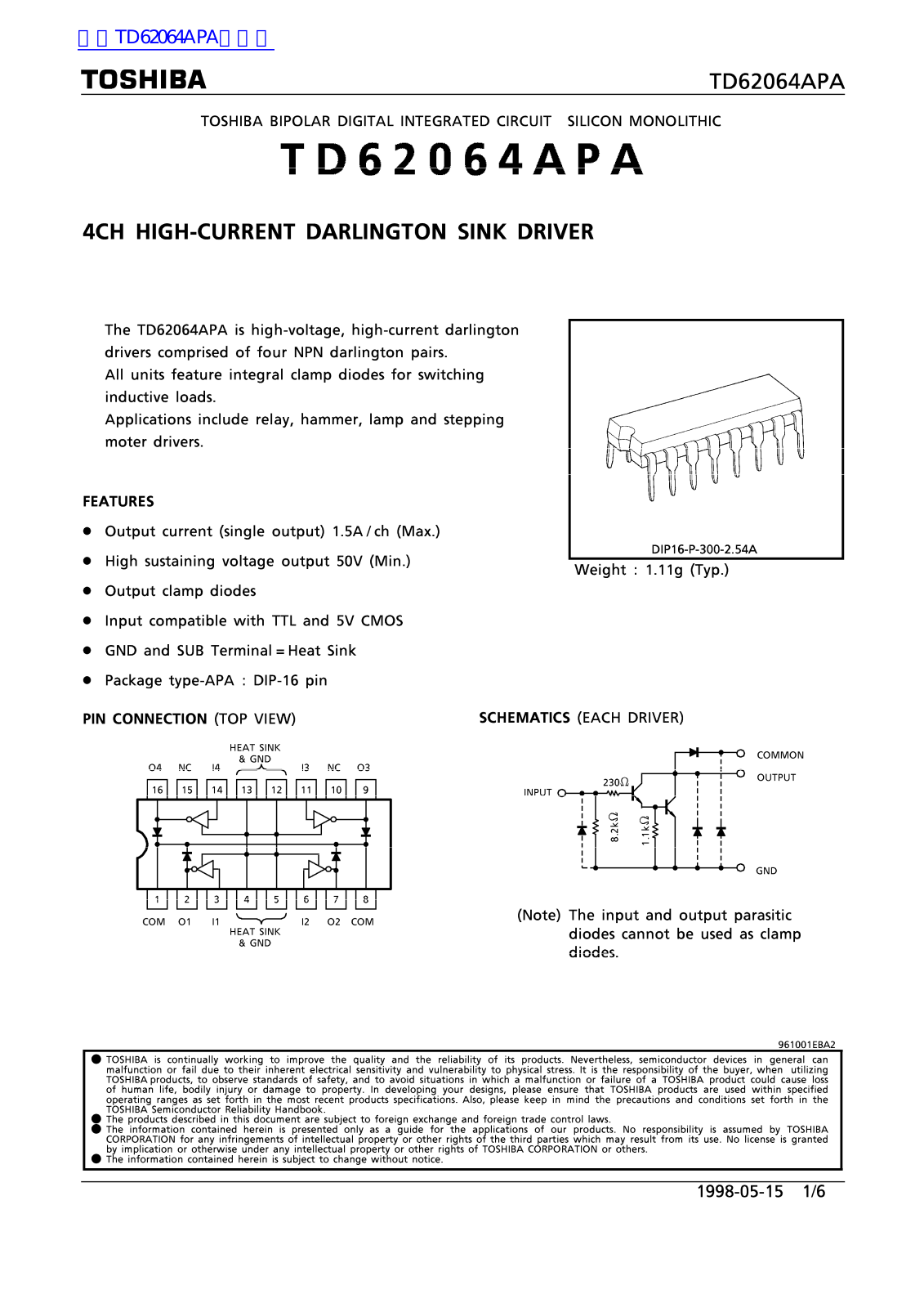 TOSHIBA TD62064APA Technical data