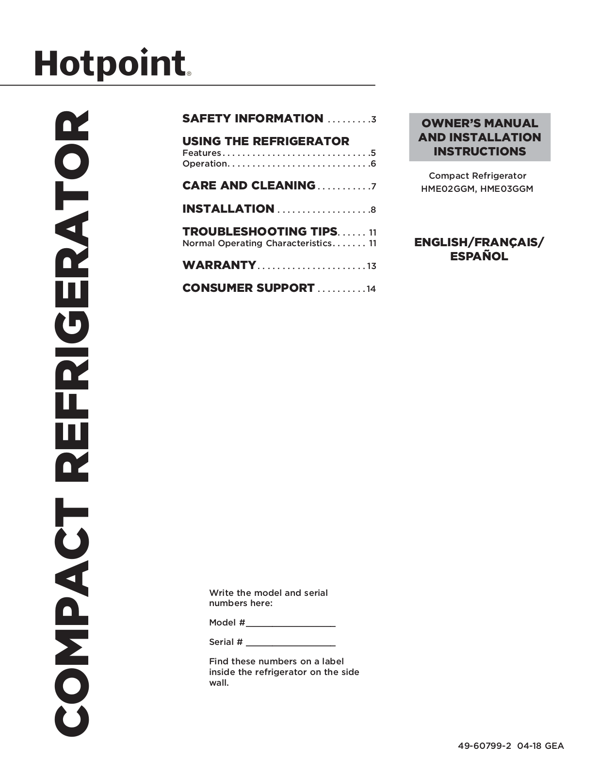 Hotpoint HME02GGMWW, HME03GGMBB, HME03GGMWW User Manual