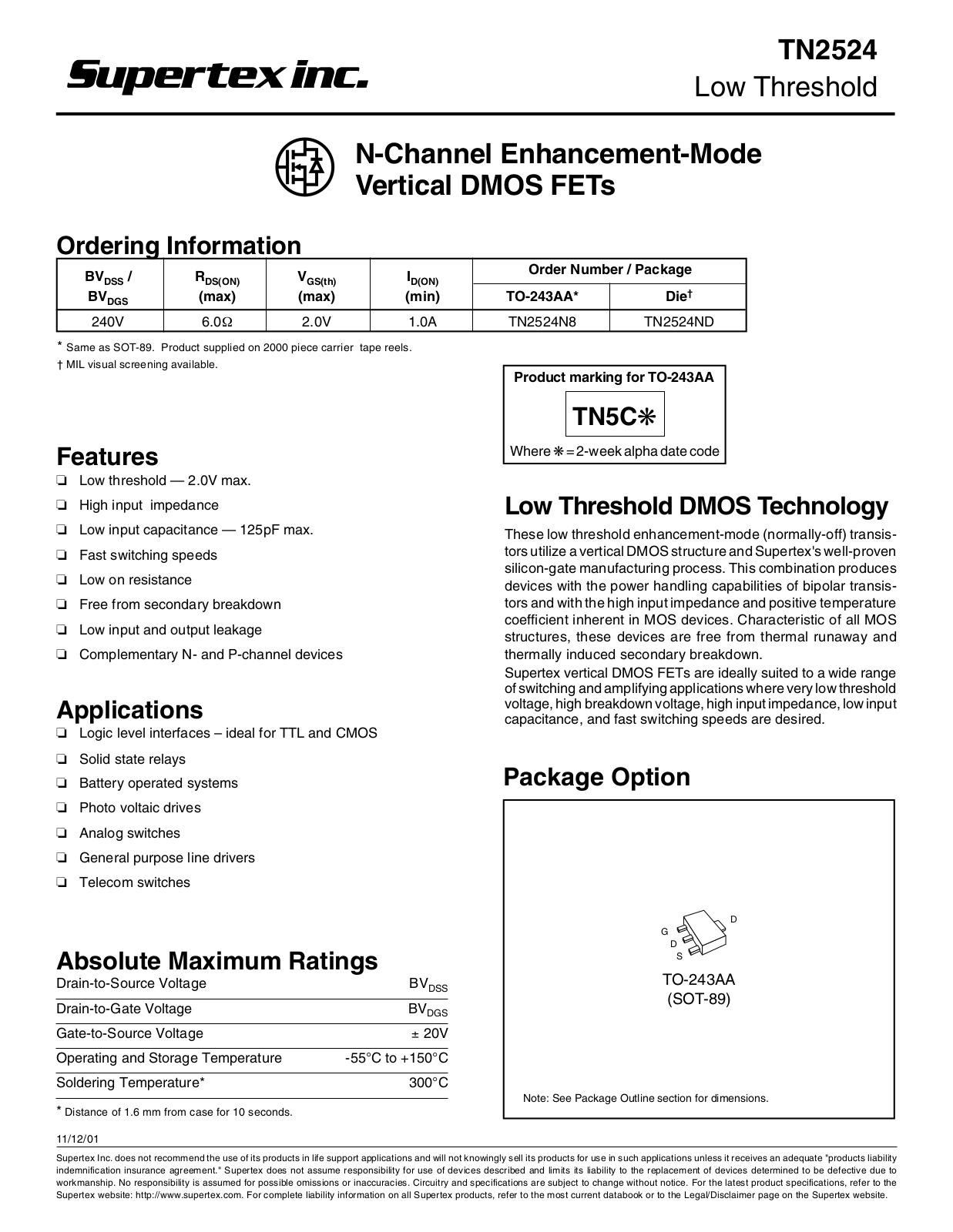 Datasheet TN2524ND, TN2524N8 Datasheet (Supertex) - ManualMachine.com