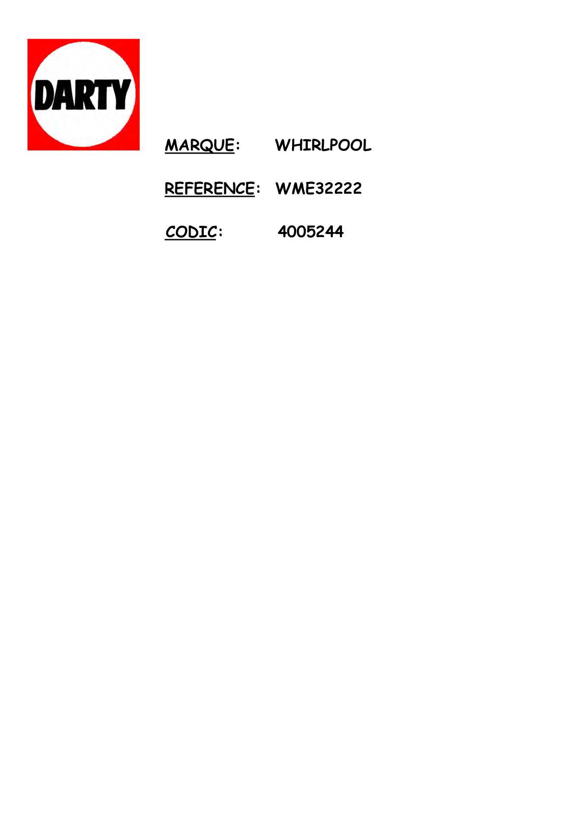 Whirlpool WME32222 PRODUCT SHEET