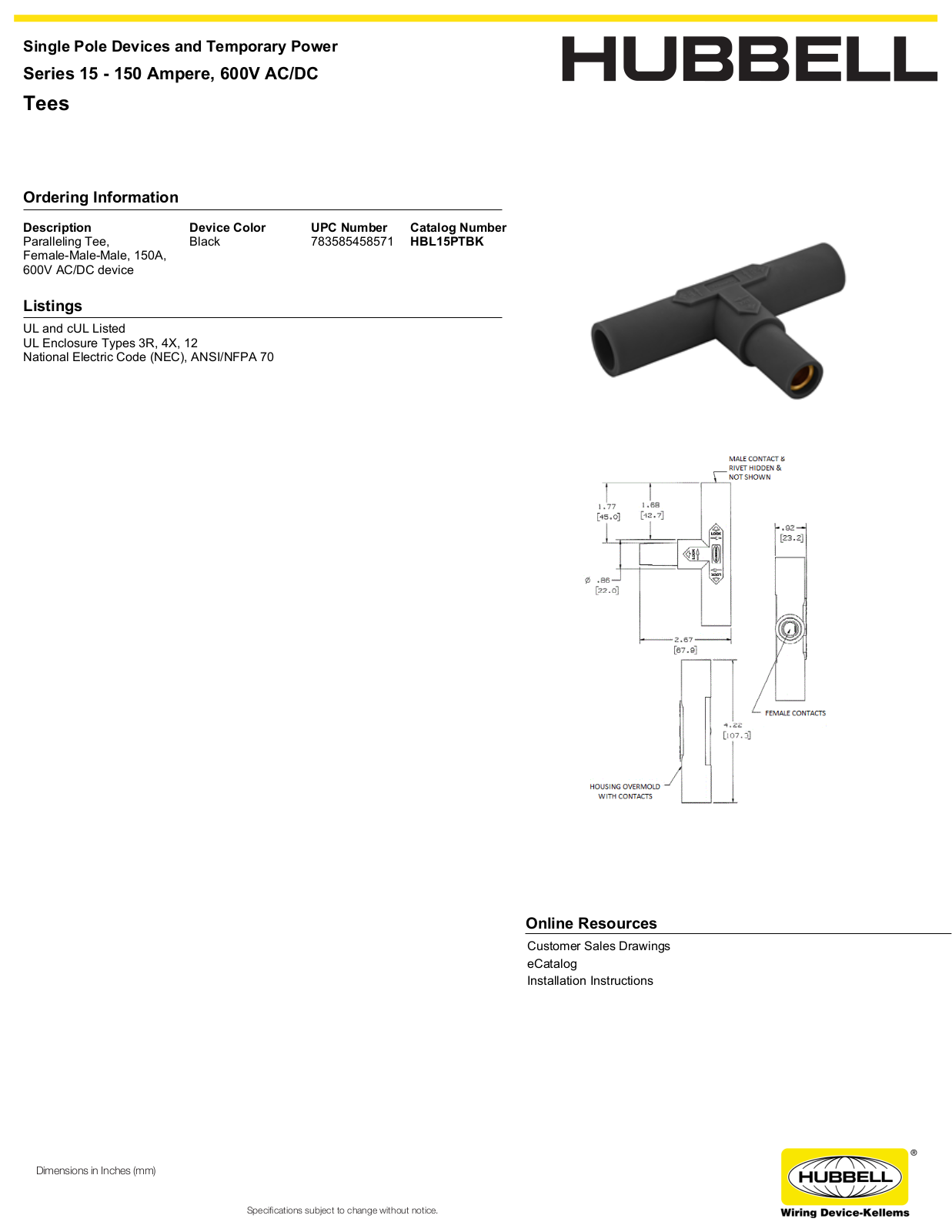 Hubbell HBL15PTBK Specifications