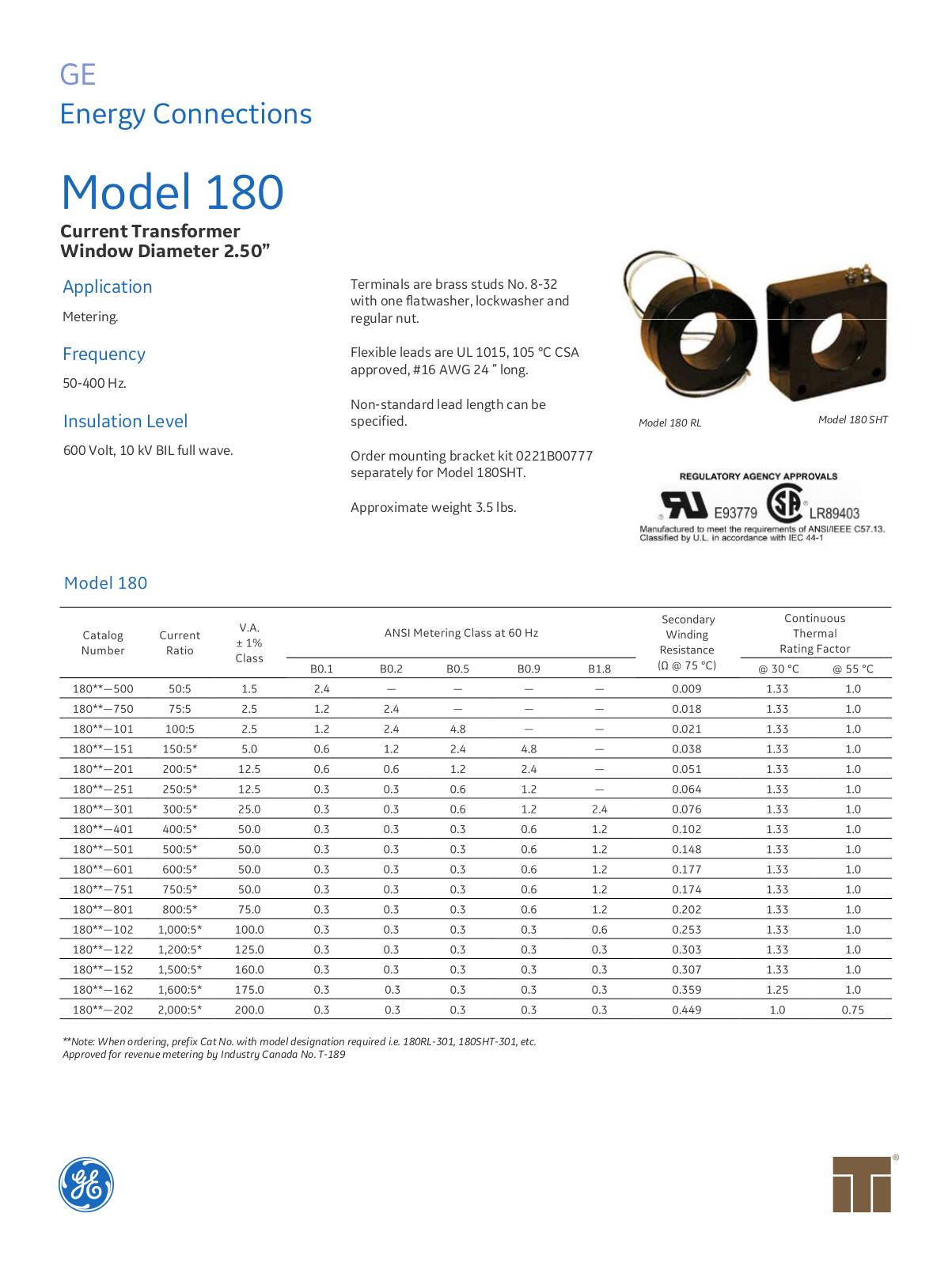 Instrument Transformer, Div of GE 180 Data Sheet