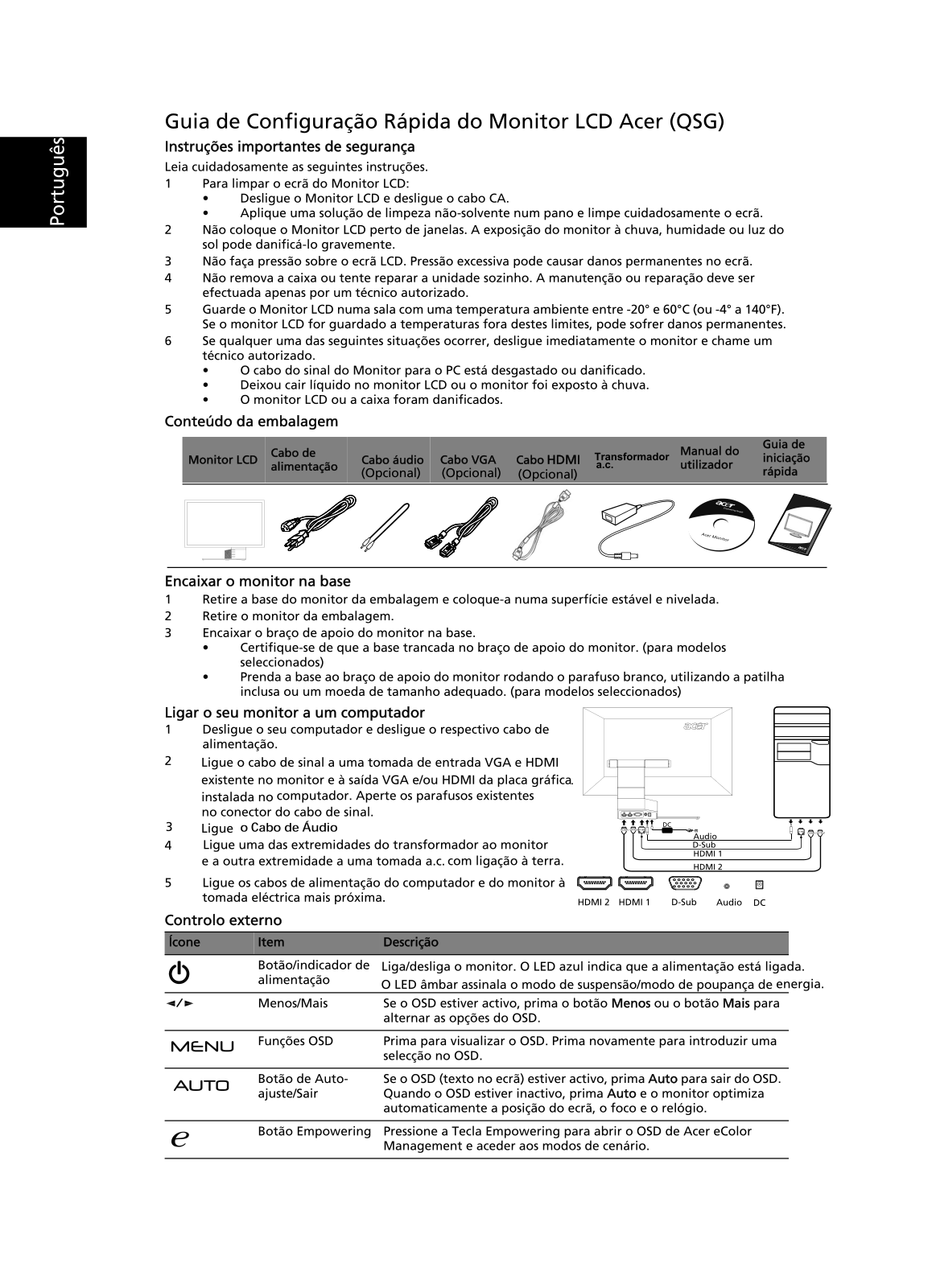 Acer S273HL QUICK START GUIDE