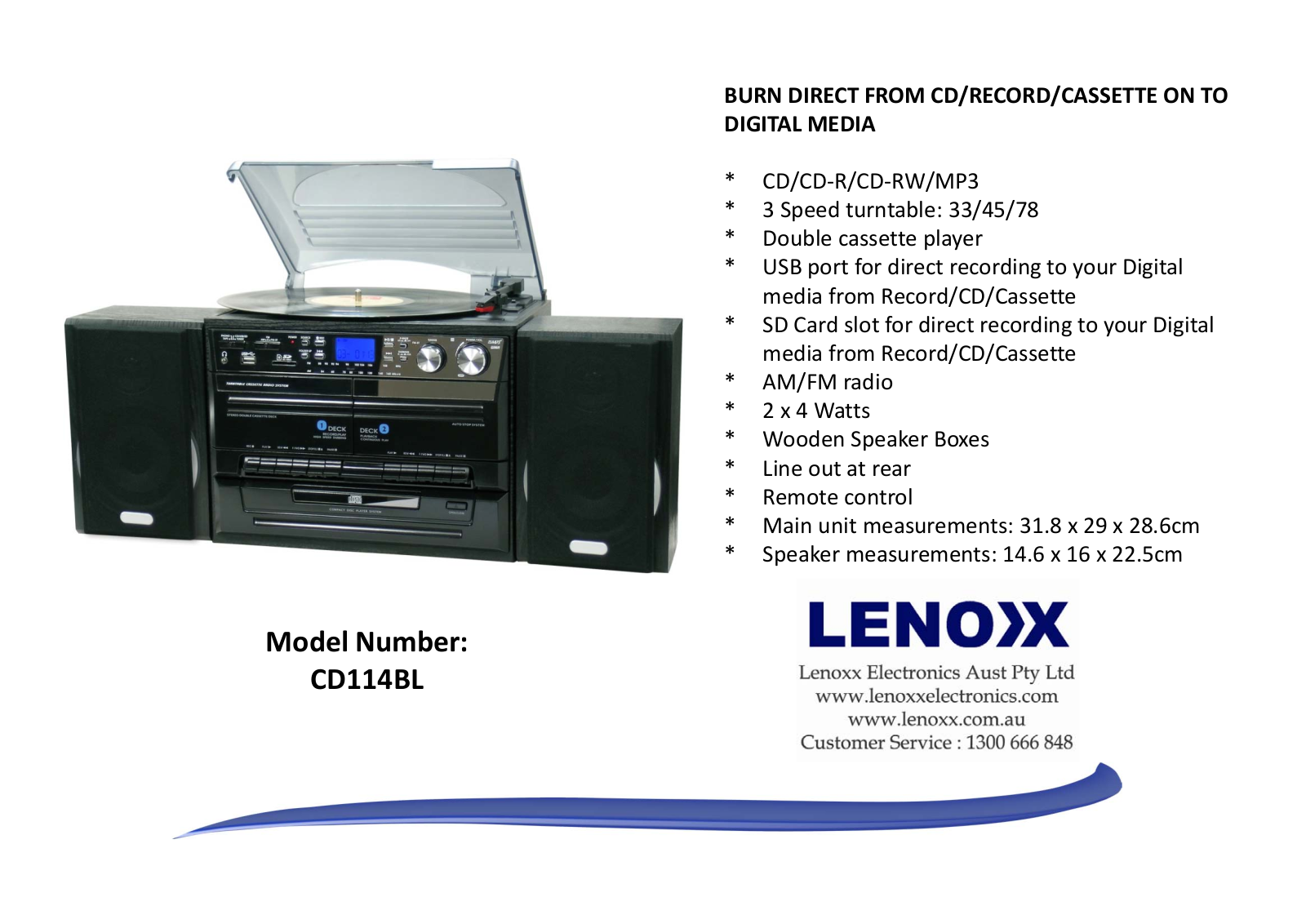 Lenoxx CD114BL Specifications Sheet