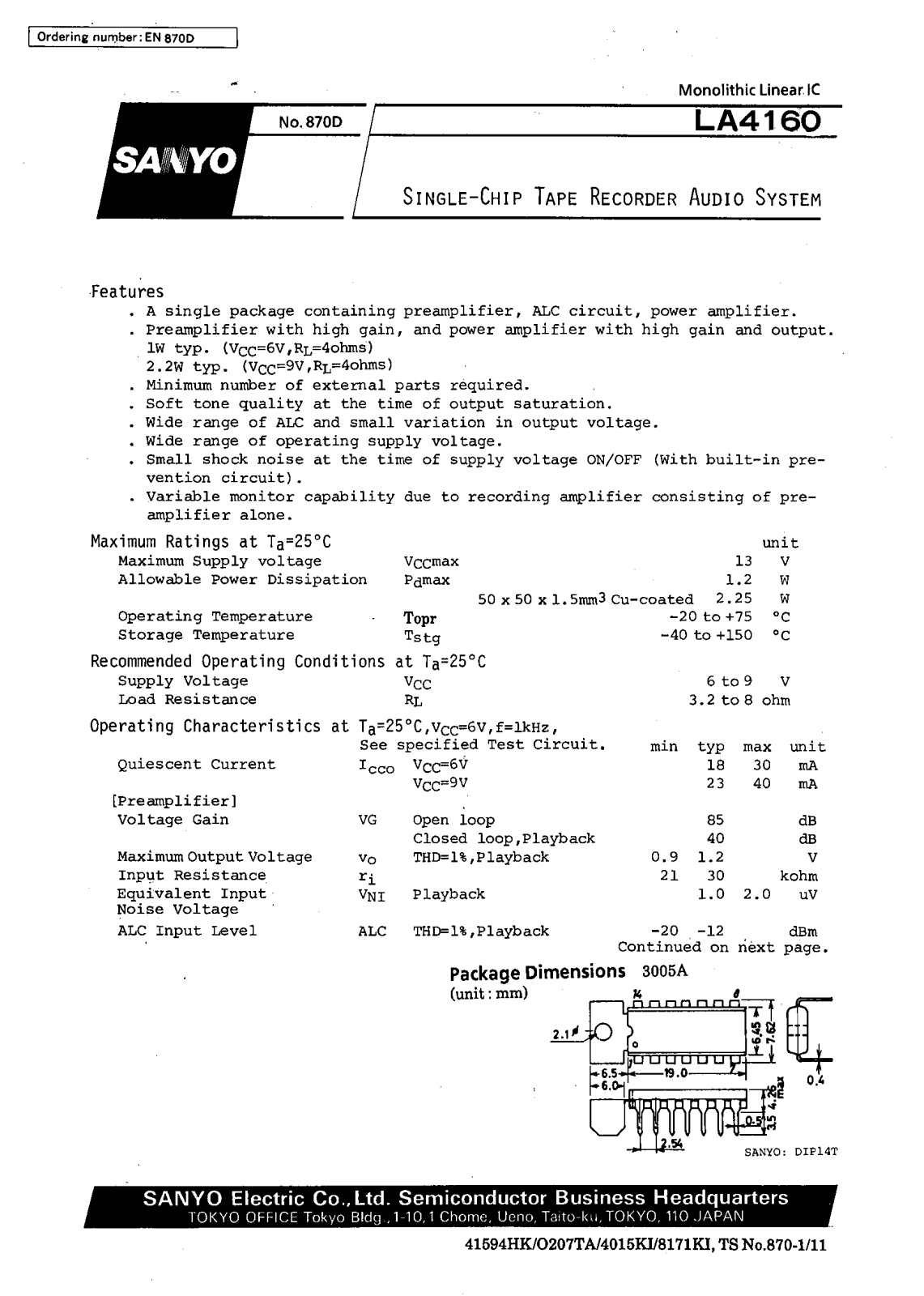 SANYO LA4160 Datasheet