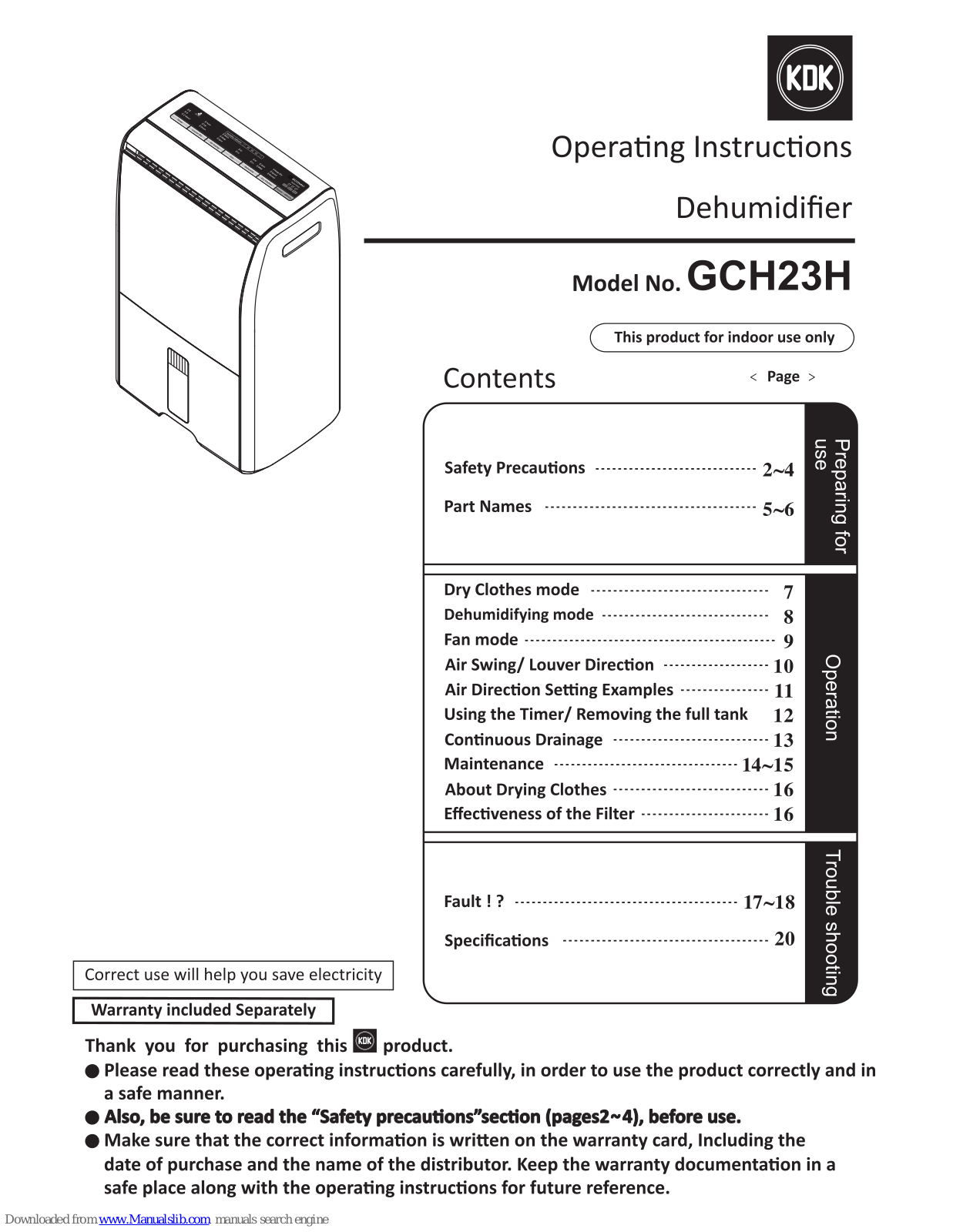 KDK GCH23H Operating Instructions Manual