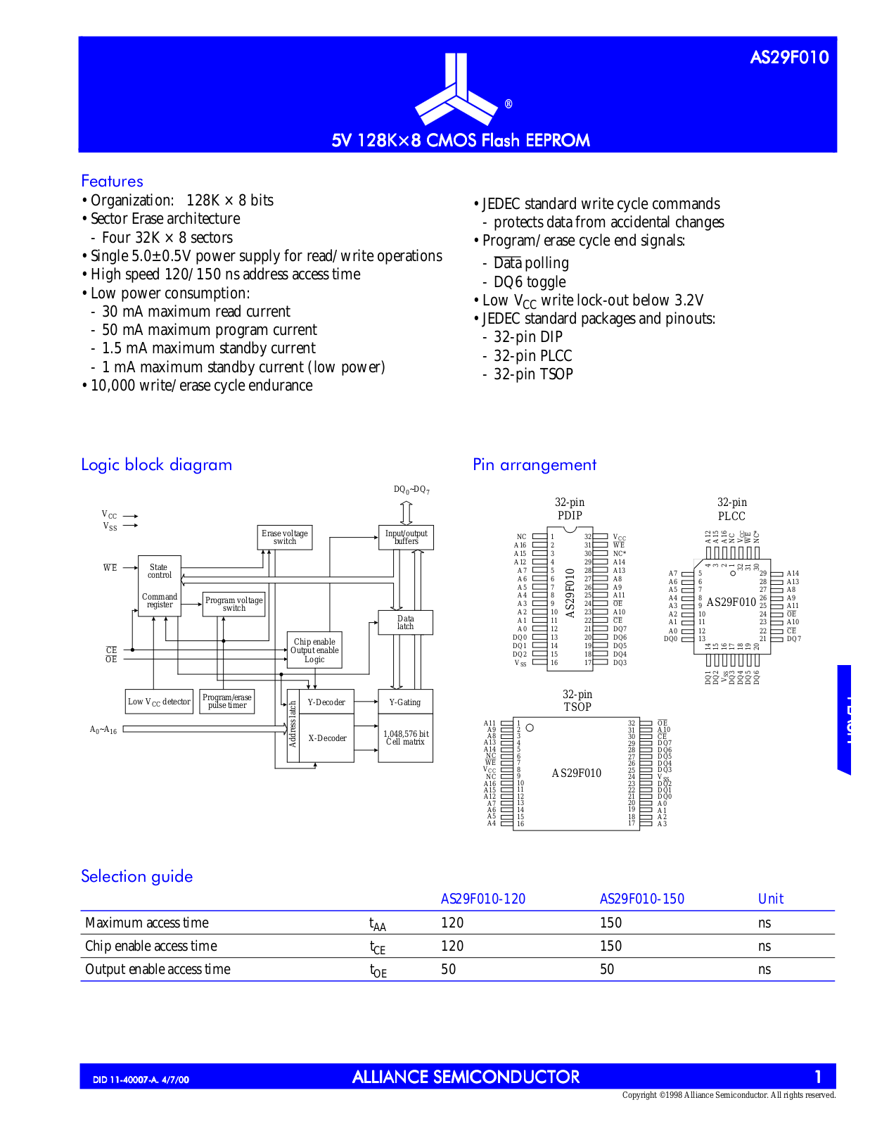 Alliance Semiconductor Corporation AS29F010-150TC, AS29F010-150PC, AS29F010-150LC, AS29F010-120TC, AS29F010-120PC Datasheet