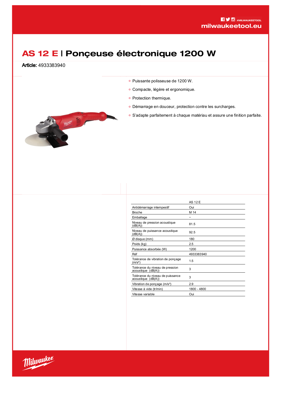 Milwaukee 4933383940, AS 12 E Specification - ManualMachine.com