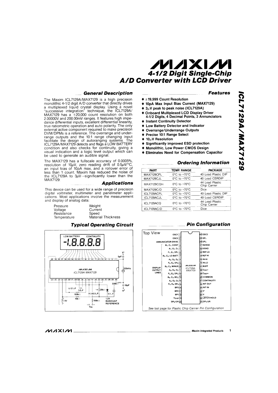 Maxim Integrated Producs ICL7129ACJL, ICL7129ACPL, ICL7129ACQ Datasheet