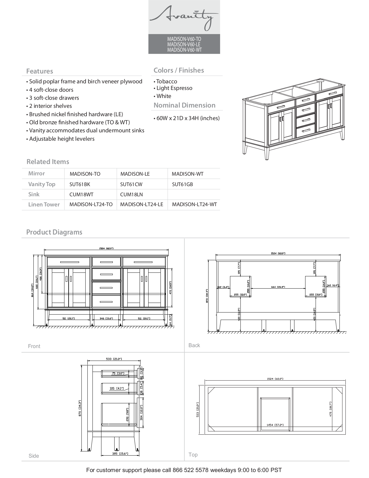 Avanity MADISONVS60WTA, MADISONVS60WTC, MADISONVS60WTB Specifications