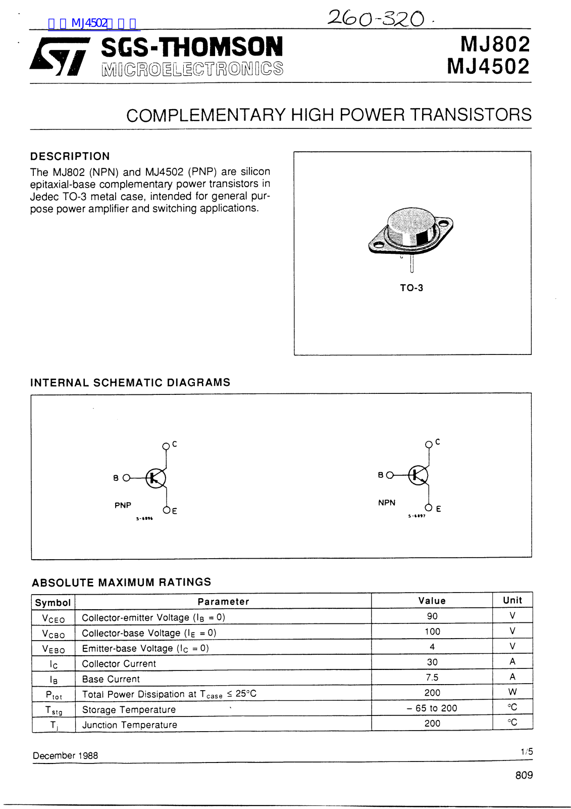 SGS-THOMSON MJ802, MJ4502 Technical data