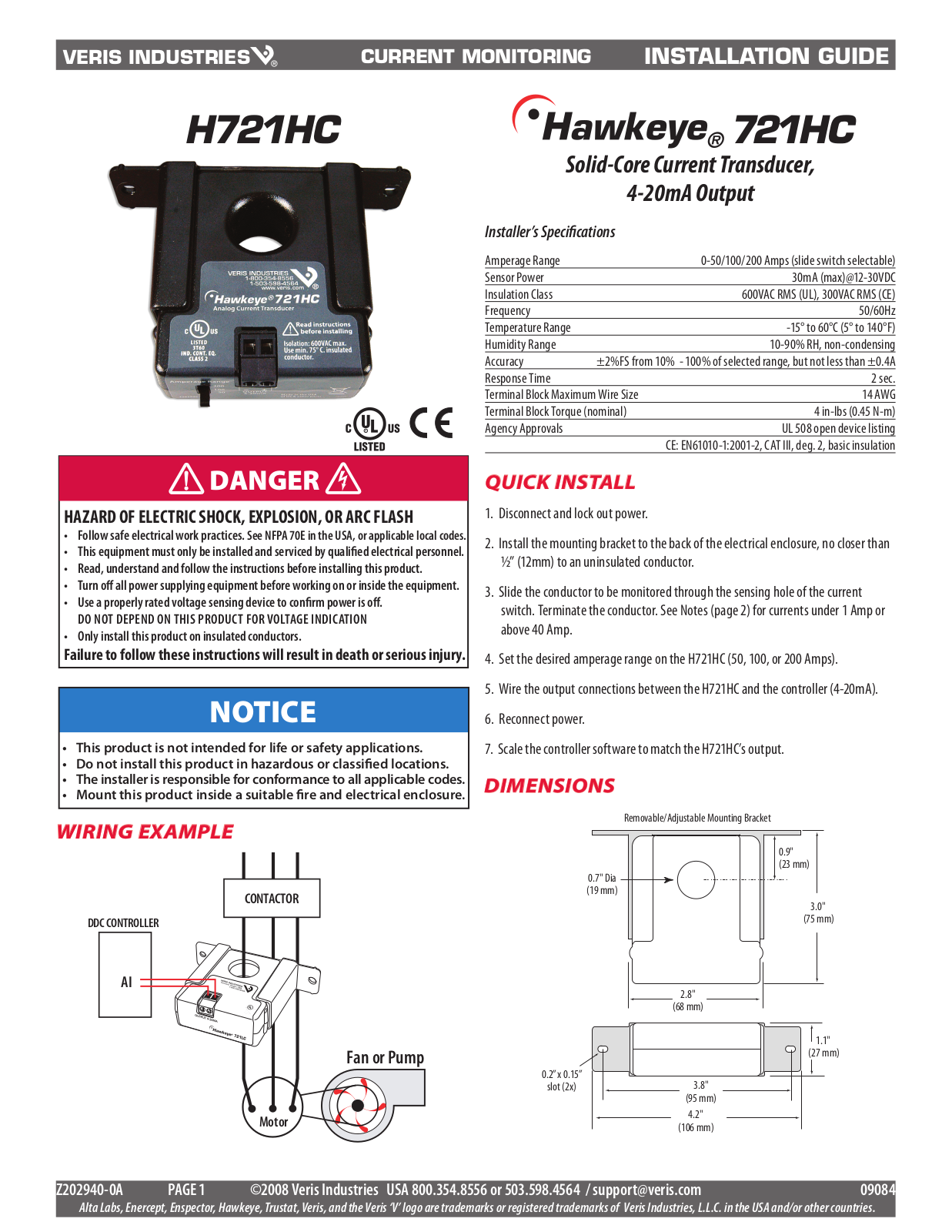 Veris H721HC Installation Instructions