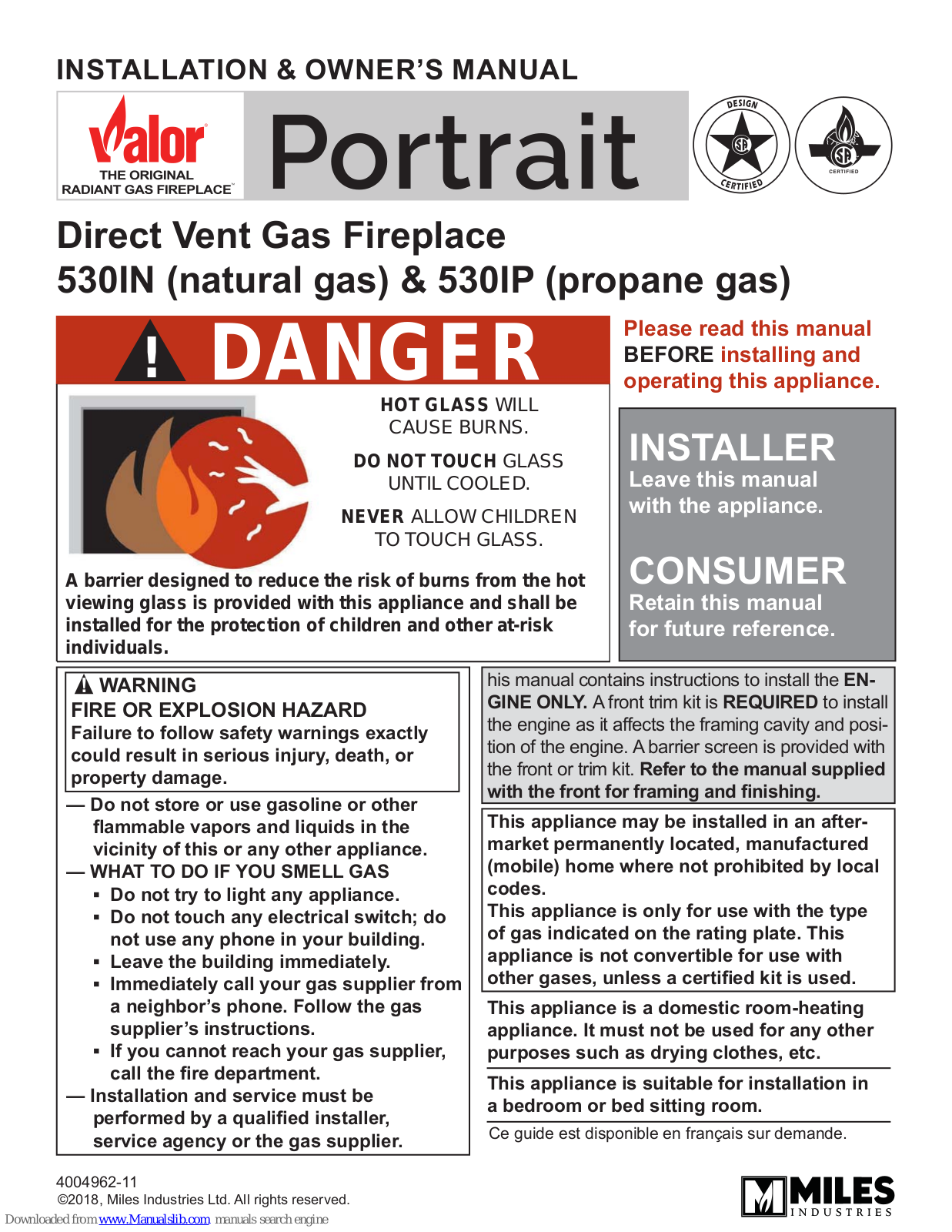 Valor Portrait 530IN, Portrait 530IP Installation & Owner's Manual