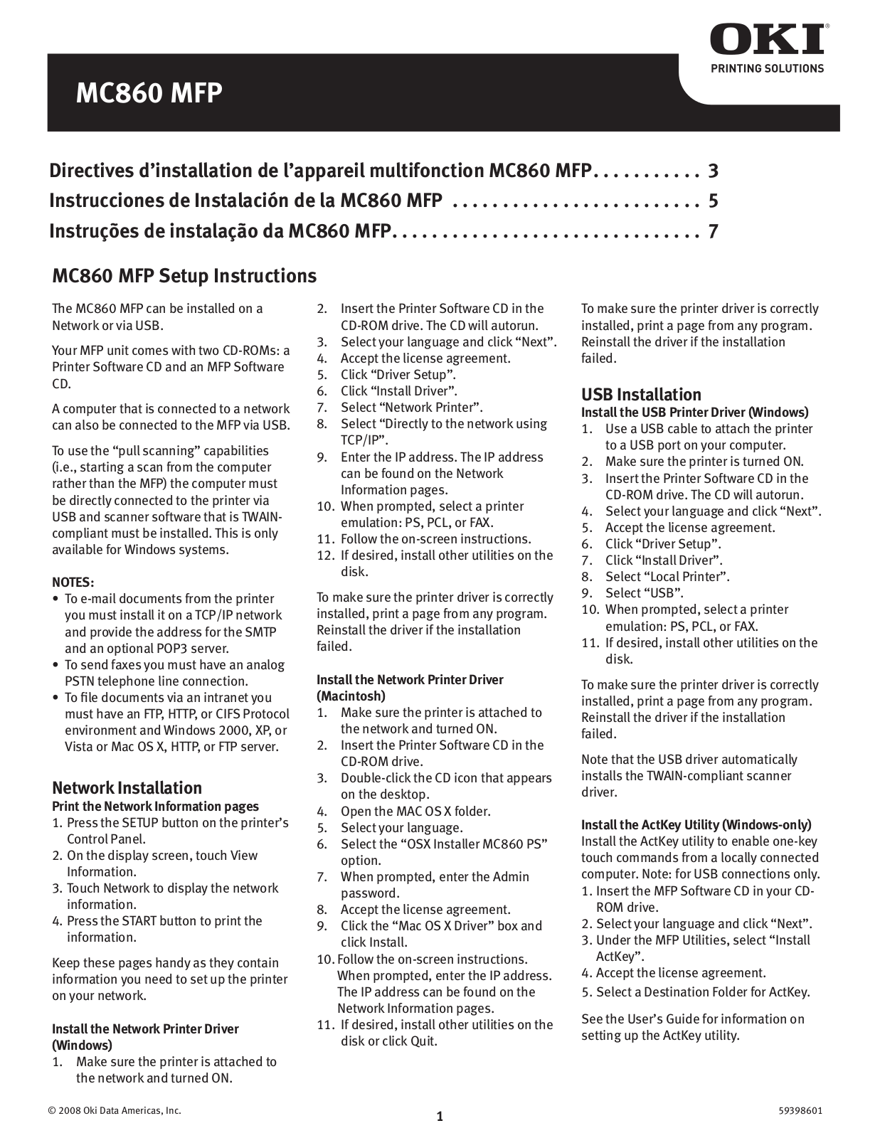 Oki MC860 Software Installation Booklet