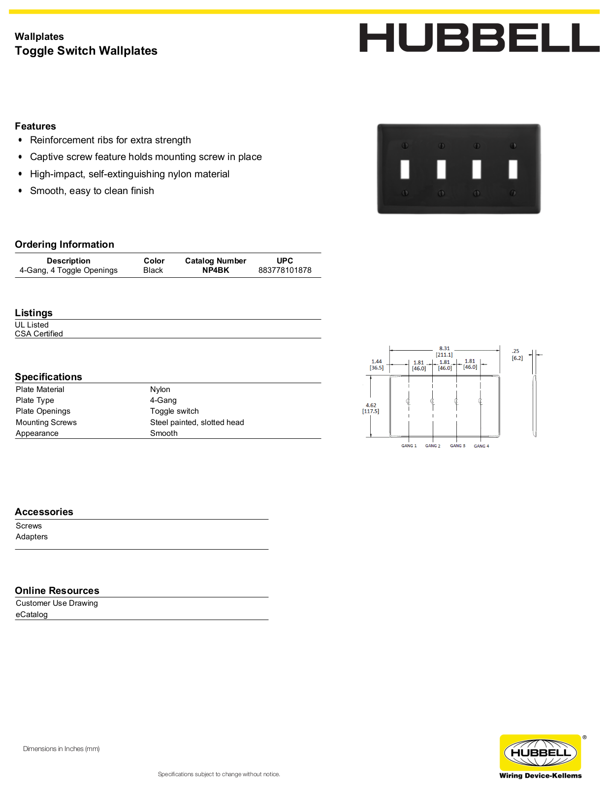 Hubbell NP4BK Specifications