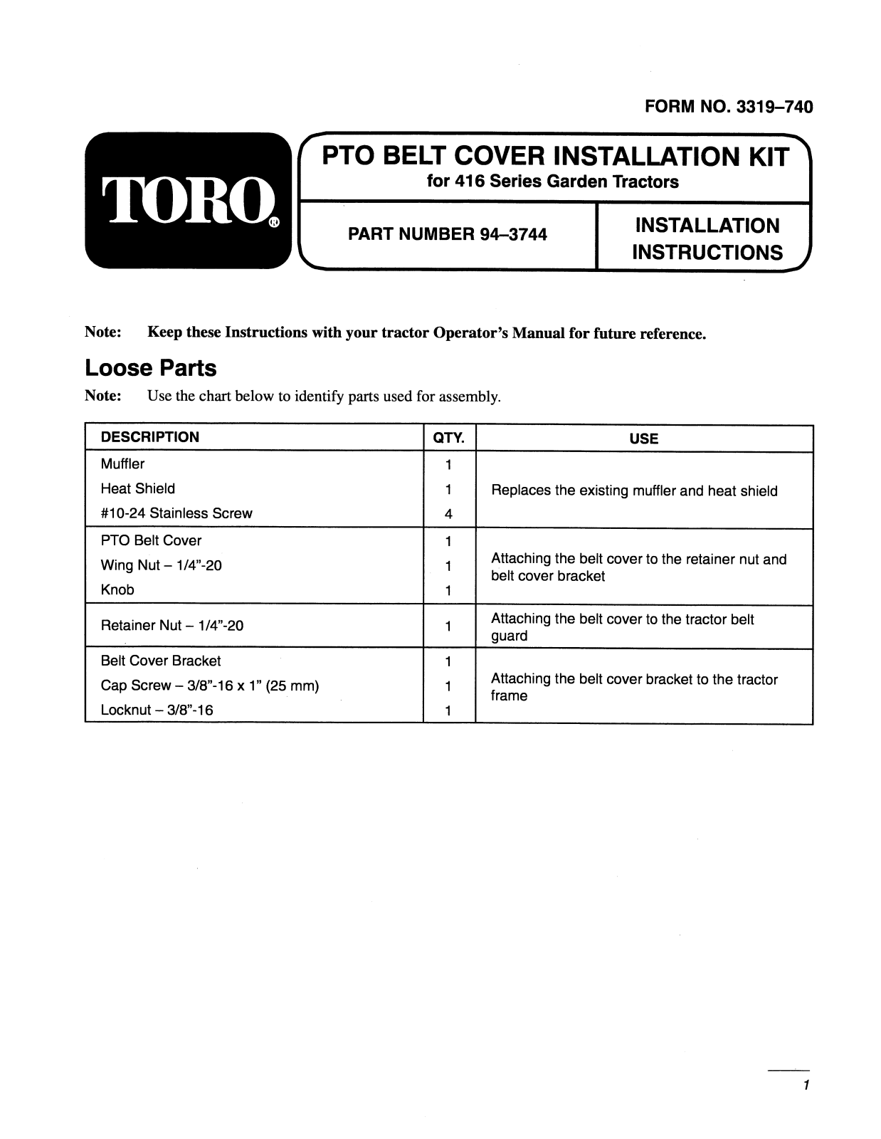 Toro 94-3744 Installation Instructions