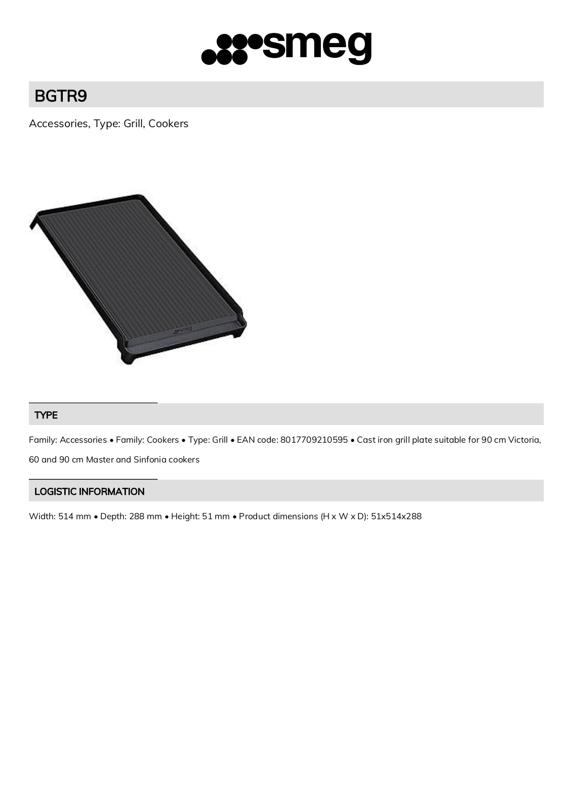 Smeg BGTR9 Technical sheet