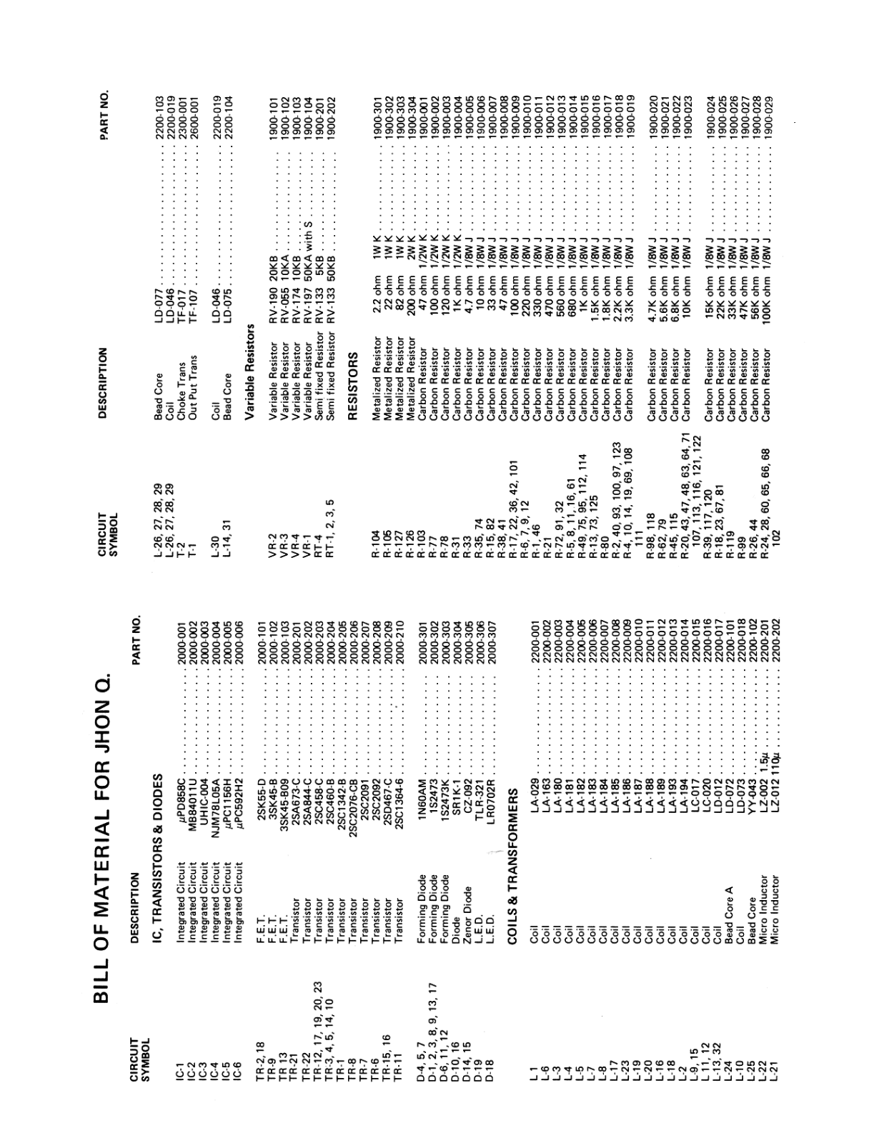 President John Q Parts List