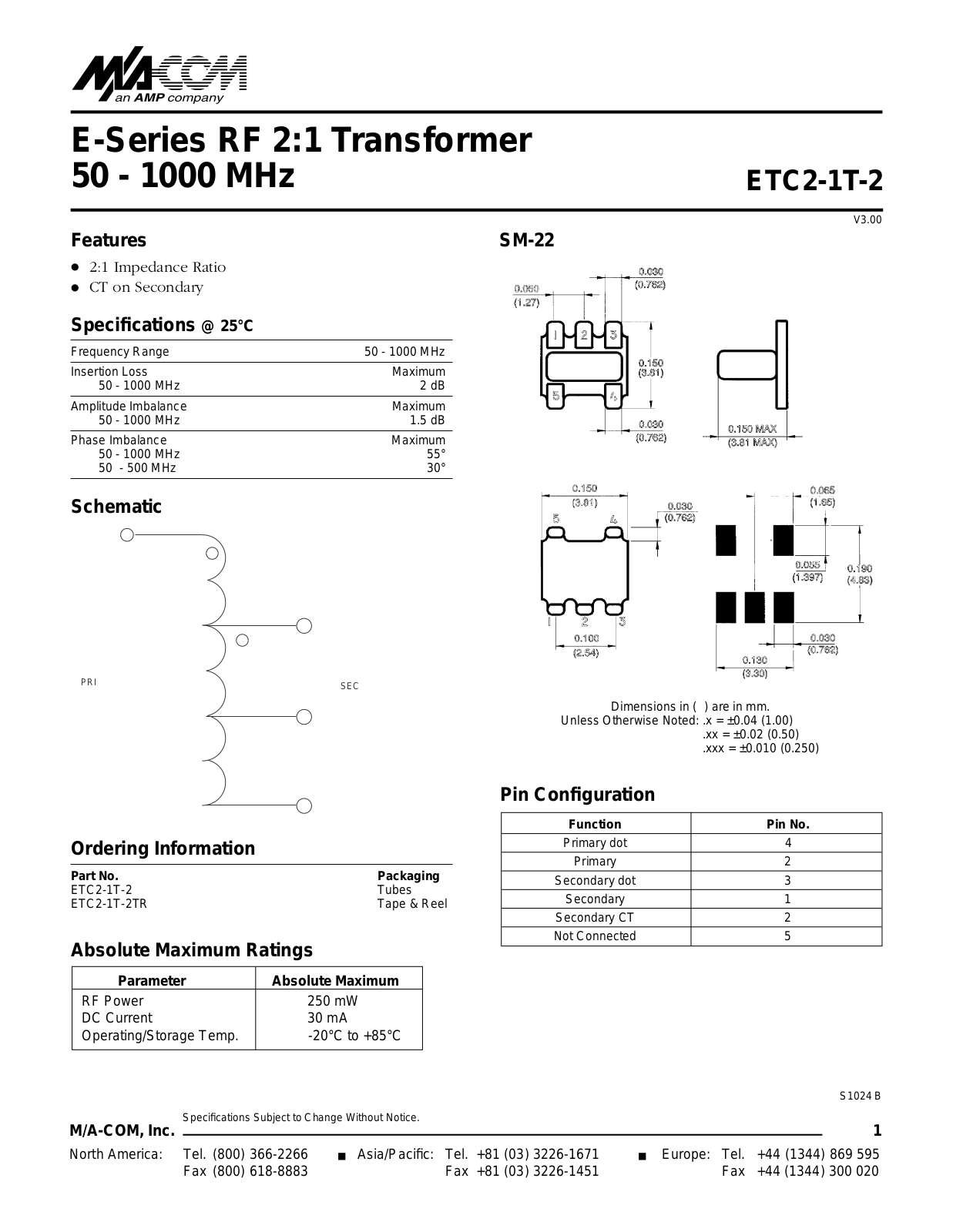 Datasheet ETC2-1T-2TR, ETC2-1T-2 Datasheet (MACOM) - ManualMachine.com