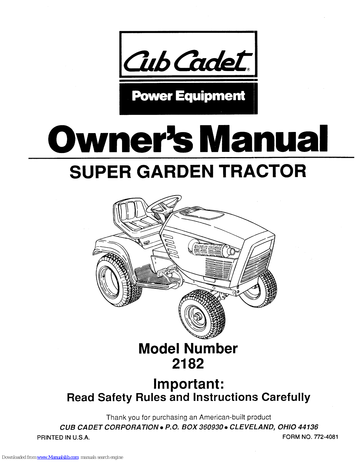 Cub Cadet 2182 Owner's Manual