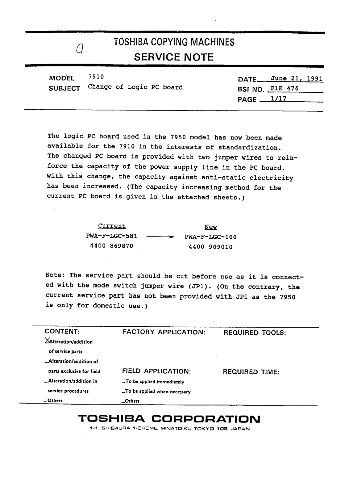 Toshiba f1e476 Service Note