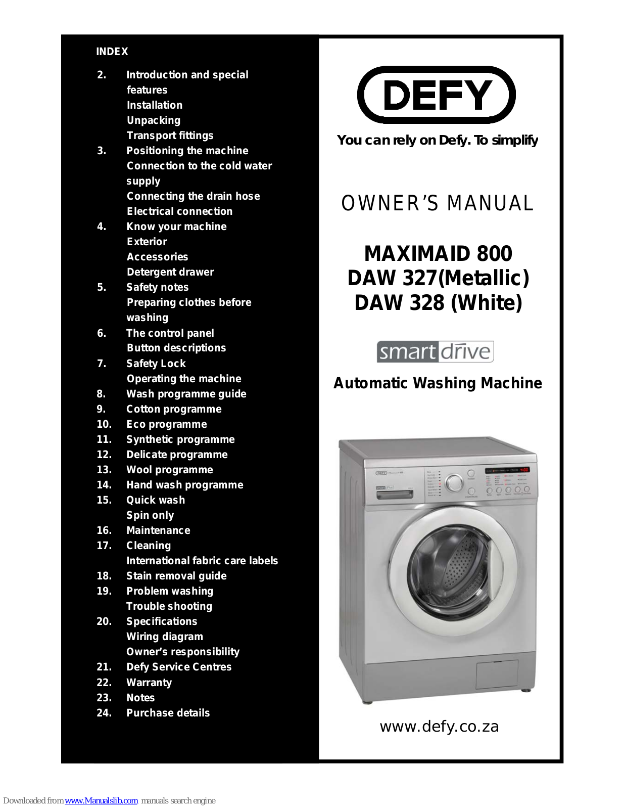 Defy MAXIMAID 800 DAW 327, MAXIMAID DAW 328, MAXIMAID 800, DAW 327, DAW 328 Owner's Manual