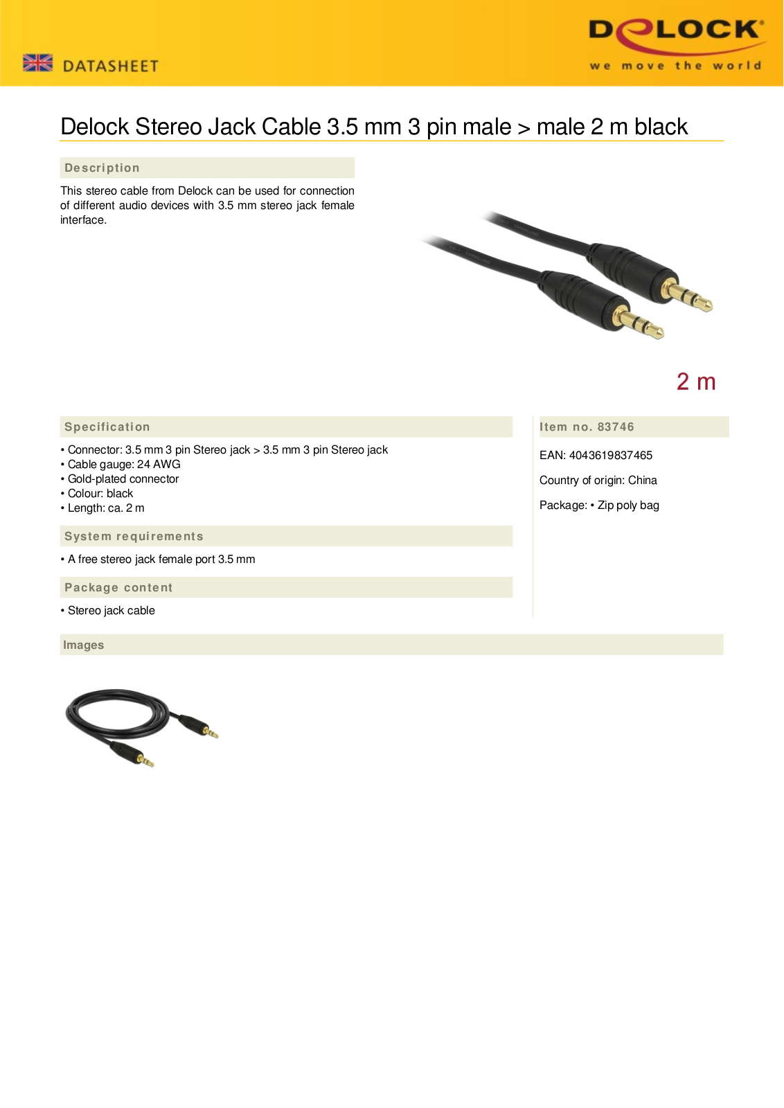 DeLOCK Klinkenkabel 3-Pin Stereo, 3.5mm Stecker auf 3.5mm Stecker, schwarz, 2.0m User Manual