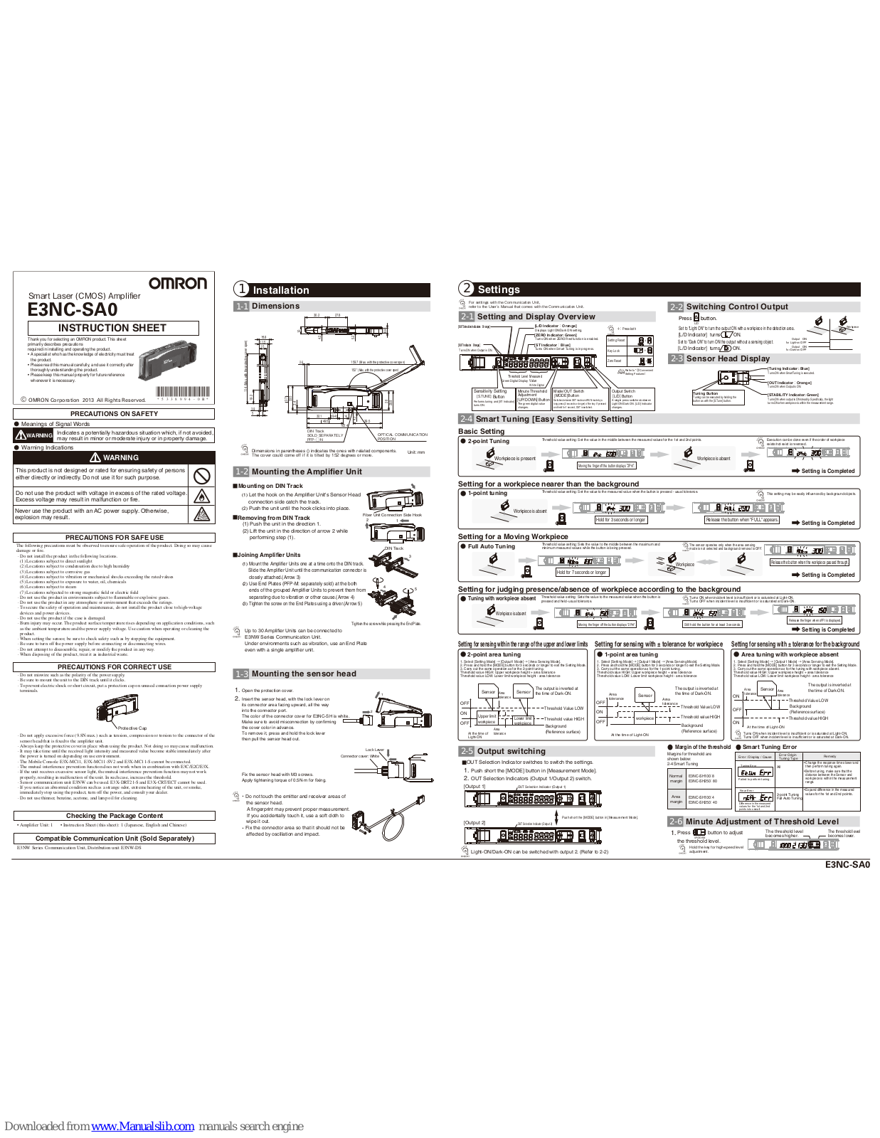 Omron E3NC-SA0 Instruction Sheet