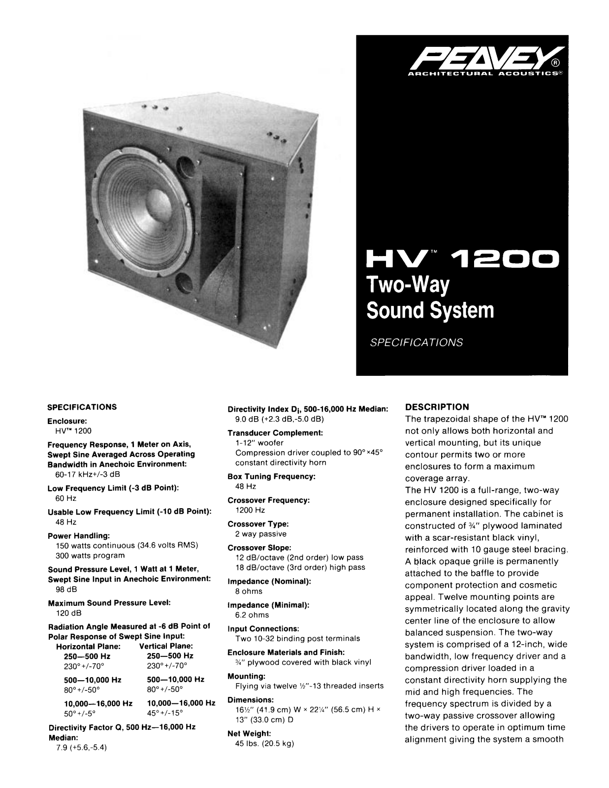 Peavey HV 1200 DATASHEET