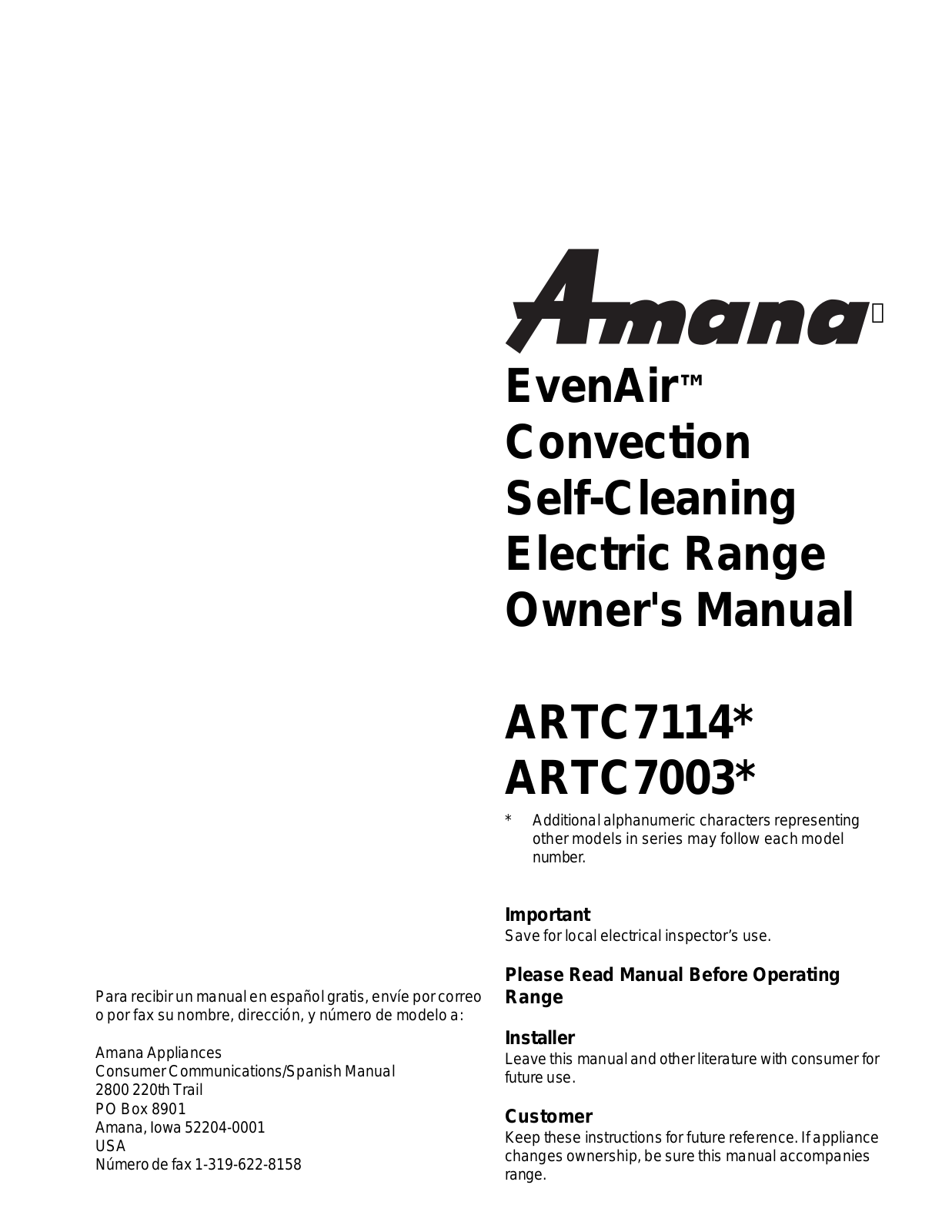 Amana ARTC7114, ARTC7003 User Manual