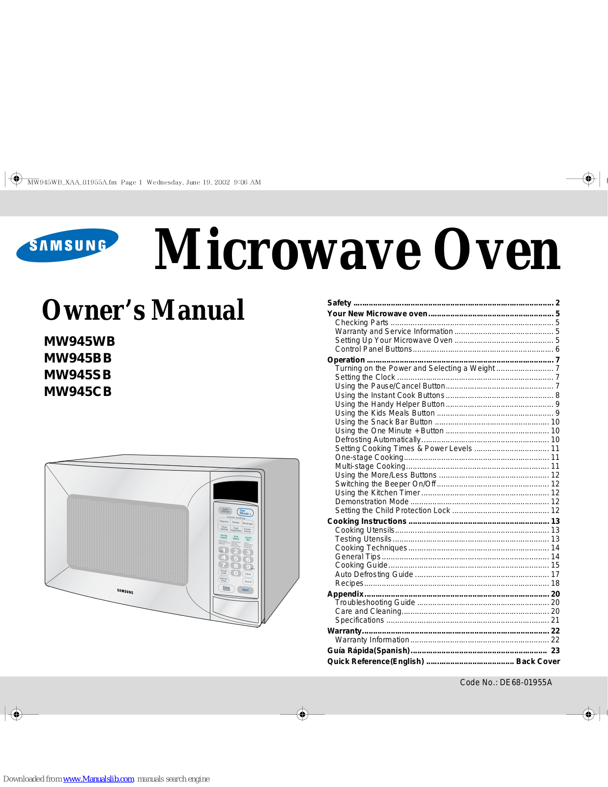 Samsung MW945WB, MW945BB, MW945SB, MW945CB Owner's Manual