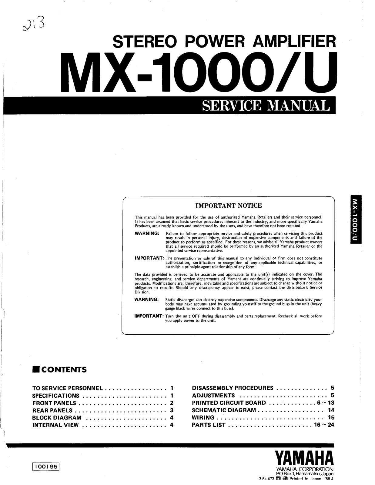 Yamaha MX-1000, MX-1000-U Service manual