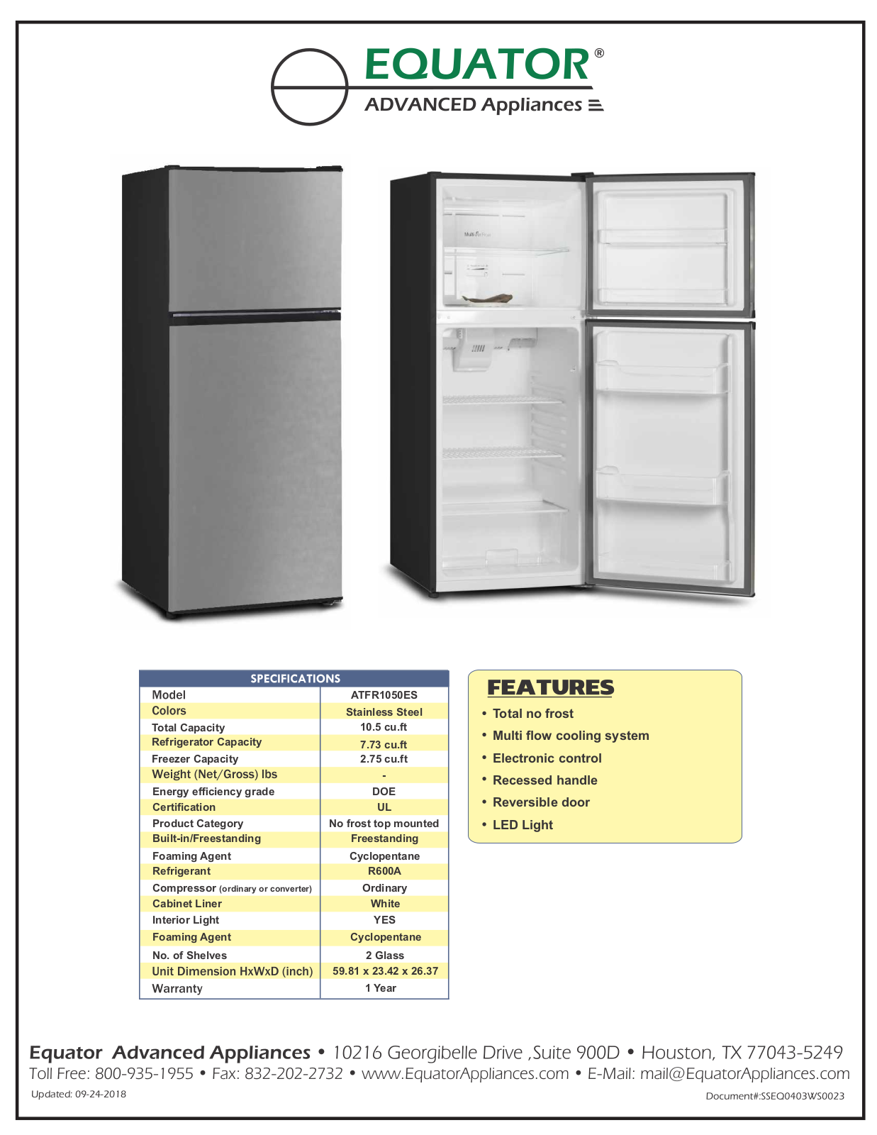 Equator ATFR1050ES Specifications