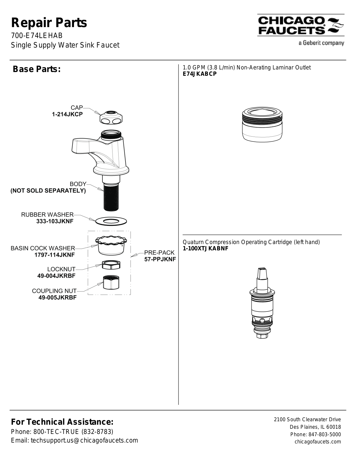 Chicago Faucet 700-E74LEHAB Parts List